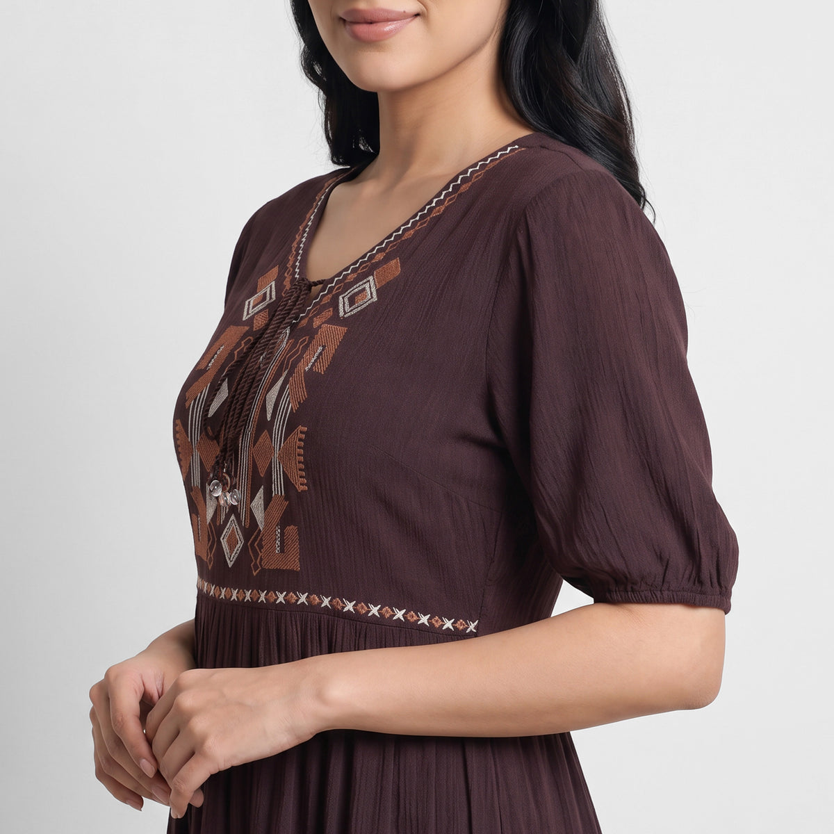 Embroidered V-Neck Flared Dress