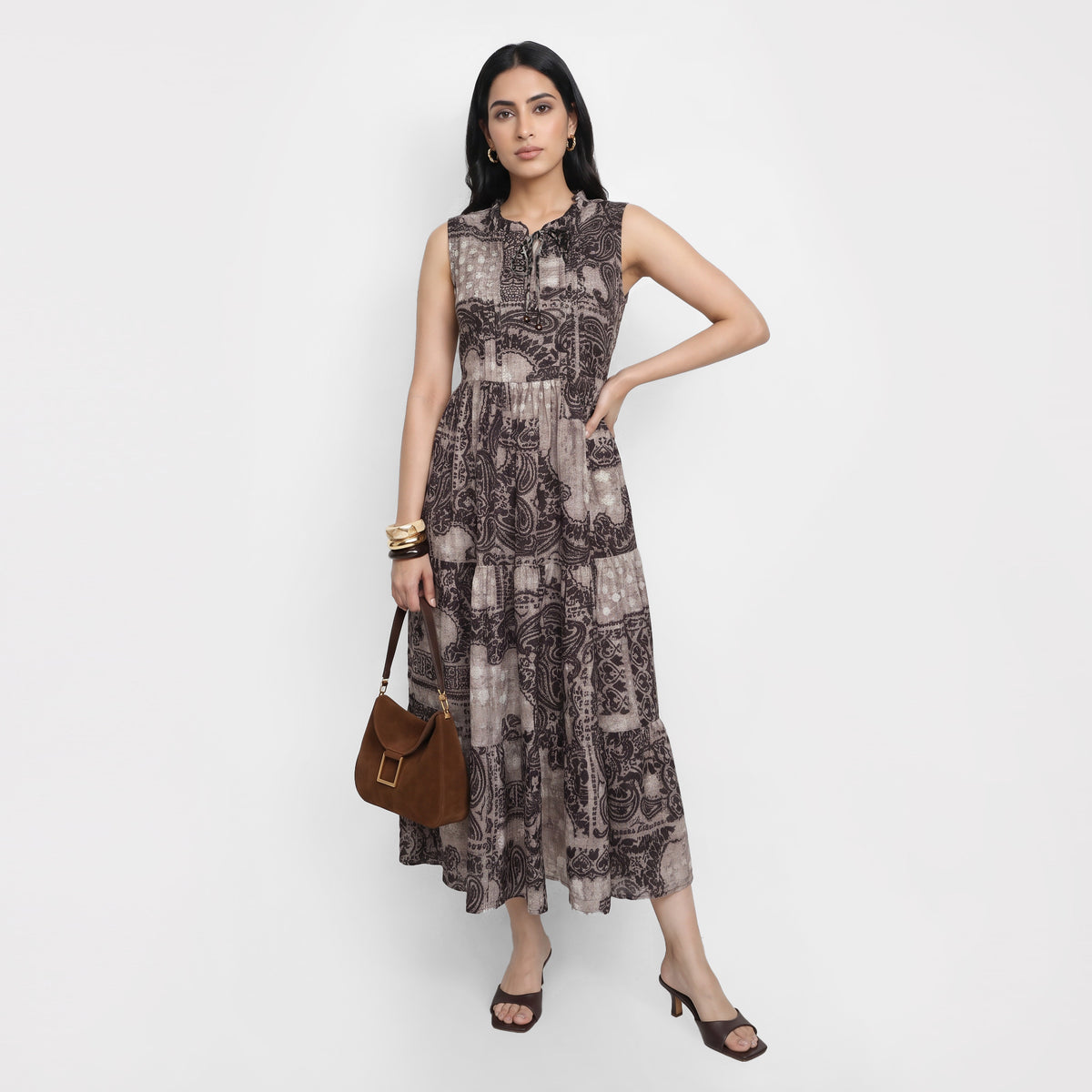 Printed Ruffel Neck Flared Dress