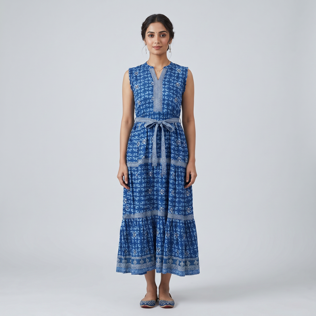 Printed V-Neck Tiered Dress