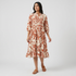 Printed Band-Collar Dress with Pleated Yoke and Centre Gathers