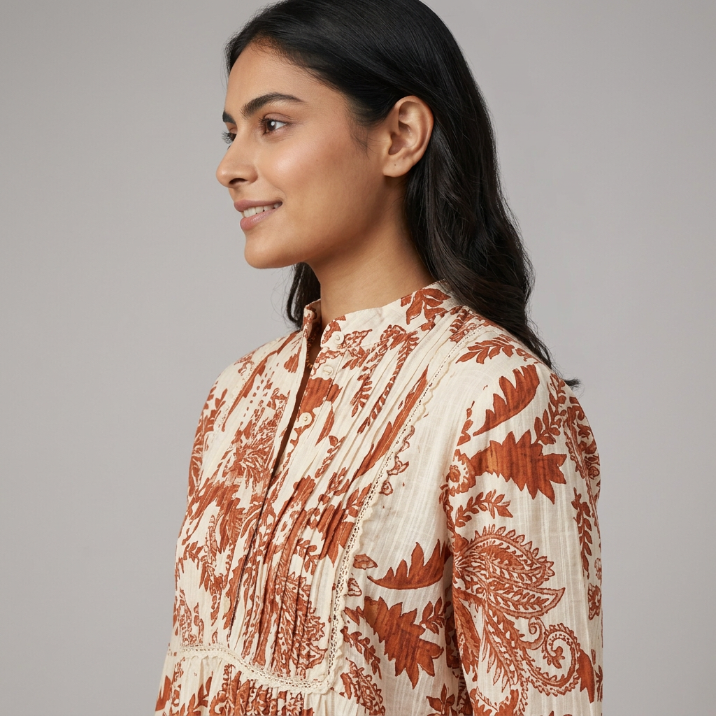 Printed Band-Collar Dress with Pleated Yoke and Centre Gathers
