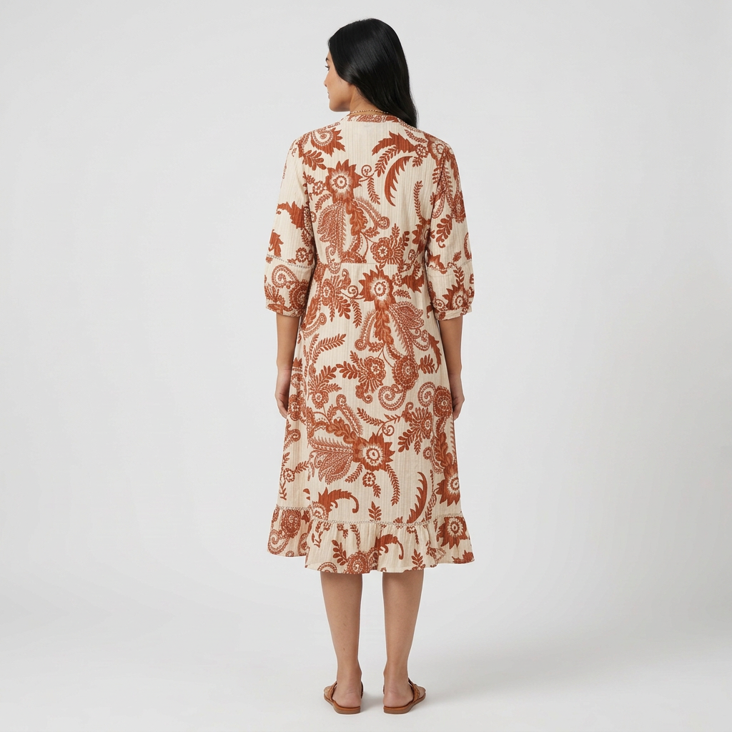 Printed Band-Collar Dress with Pleated Yoke and Centre Gathers