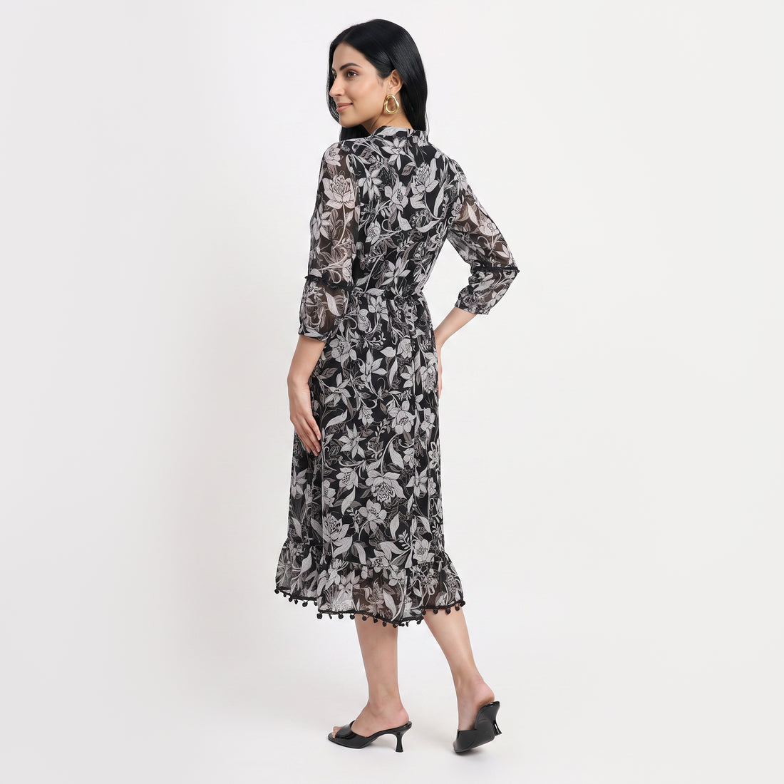 Printed Band Neck Flared Dress