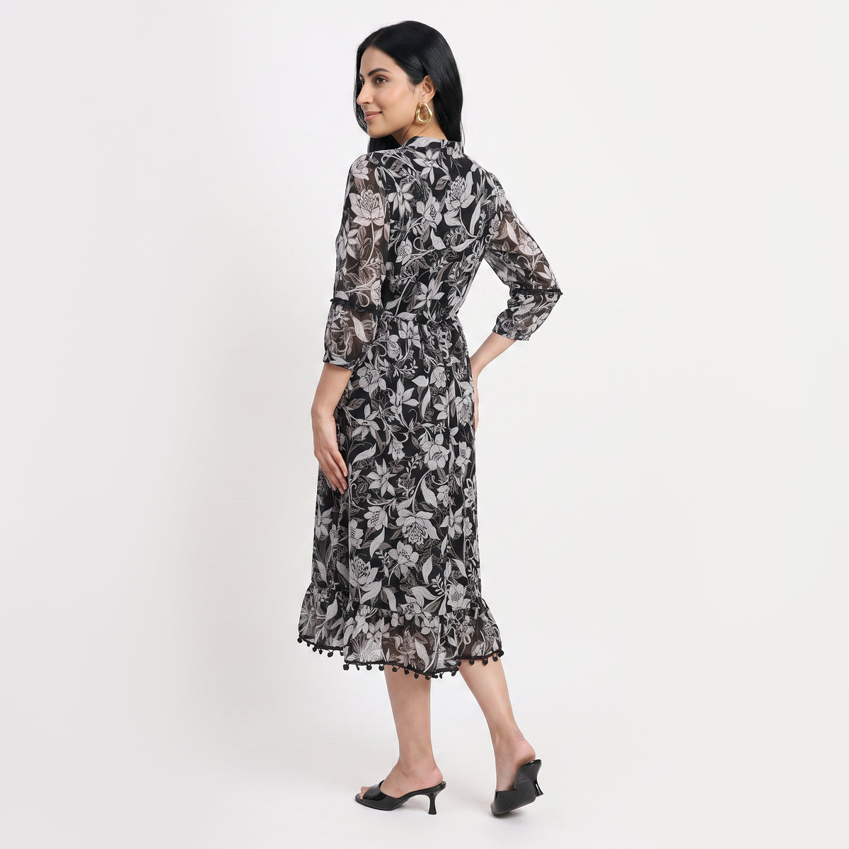 Printed Band Neck Flared Dress