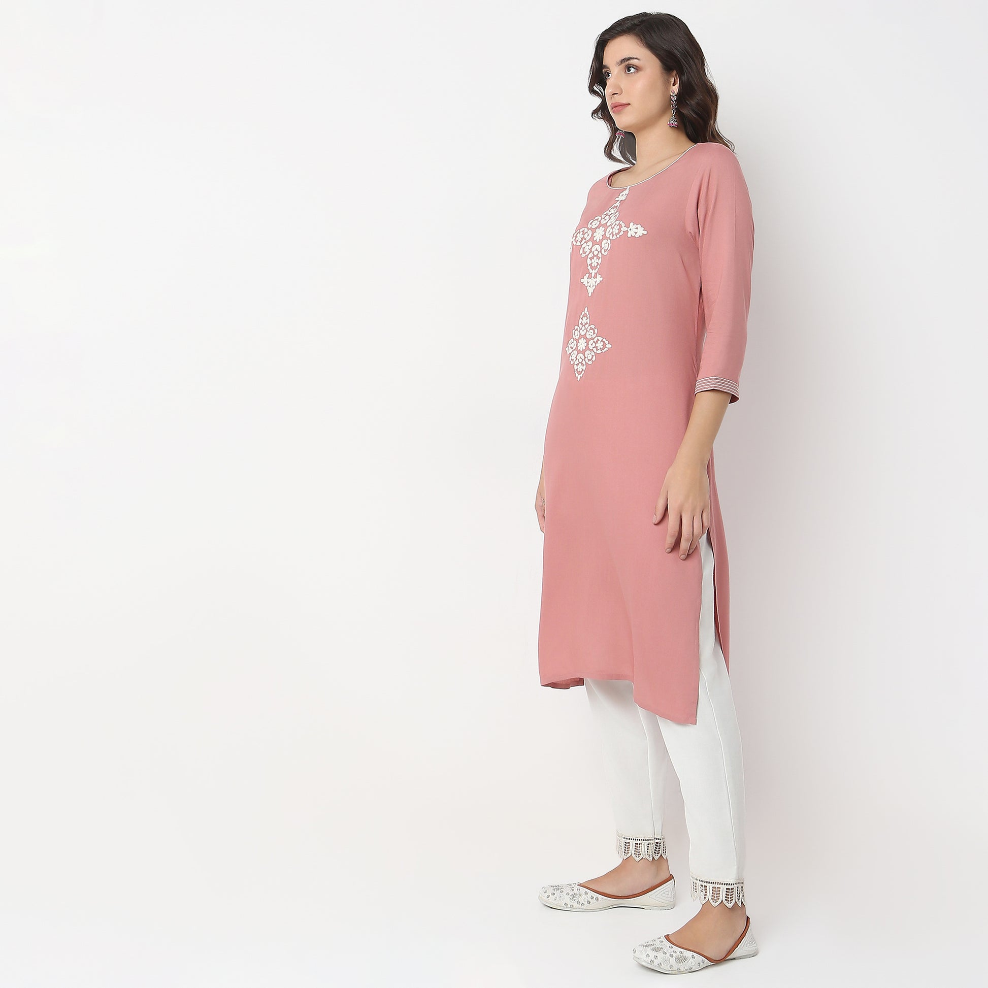 Straight Fit Embroidered Below Knee Boat Neck Table Kurta