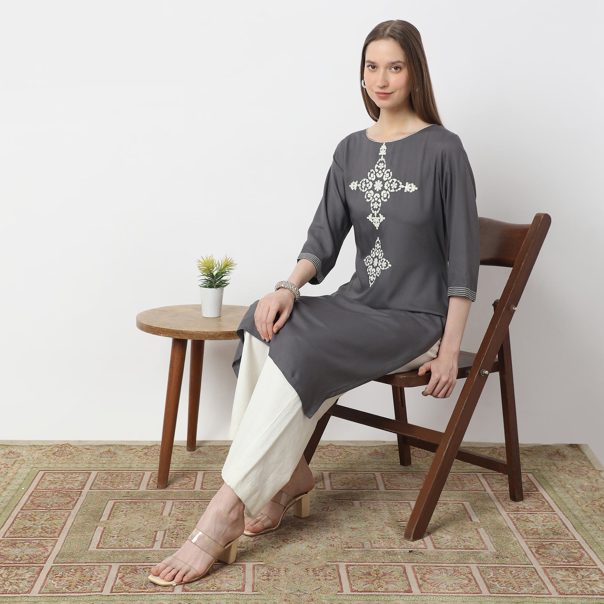 Straight Fit Embroidered Below Knee Boat Neck Table Kurta