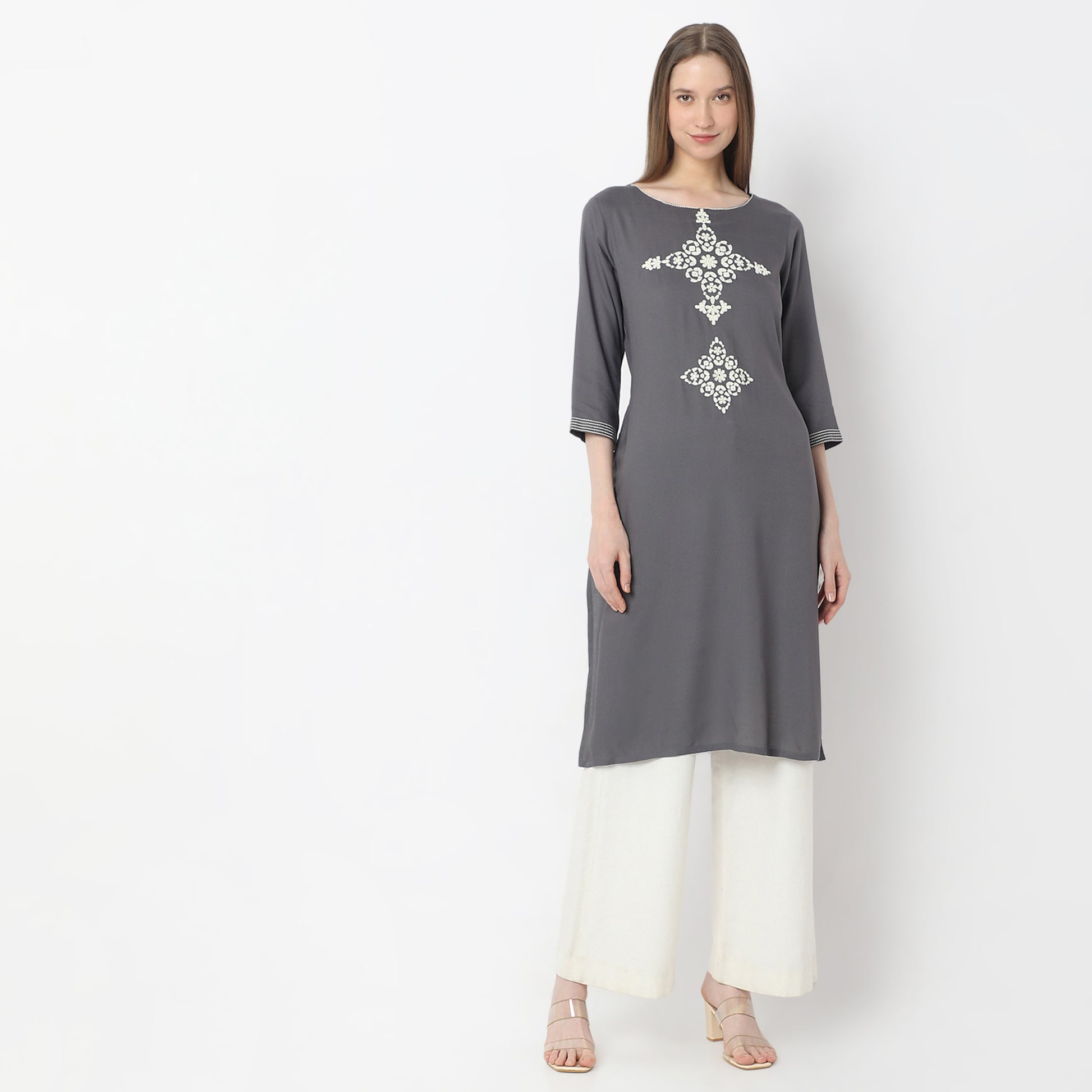 Straight Fit Embroidered Below Knee Boat Neck Table Kurta