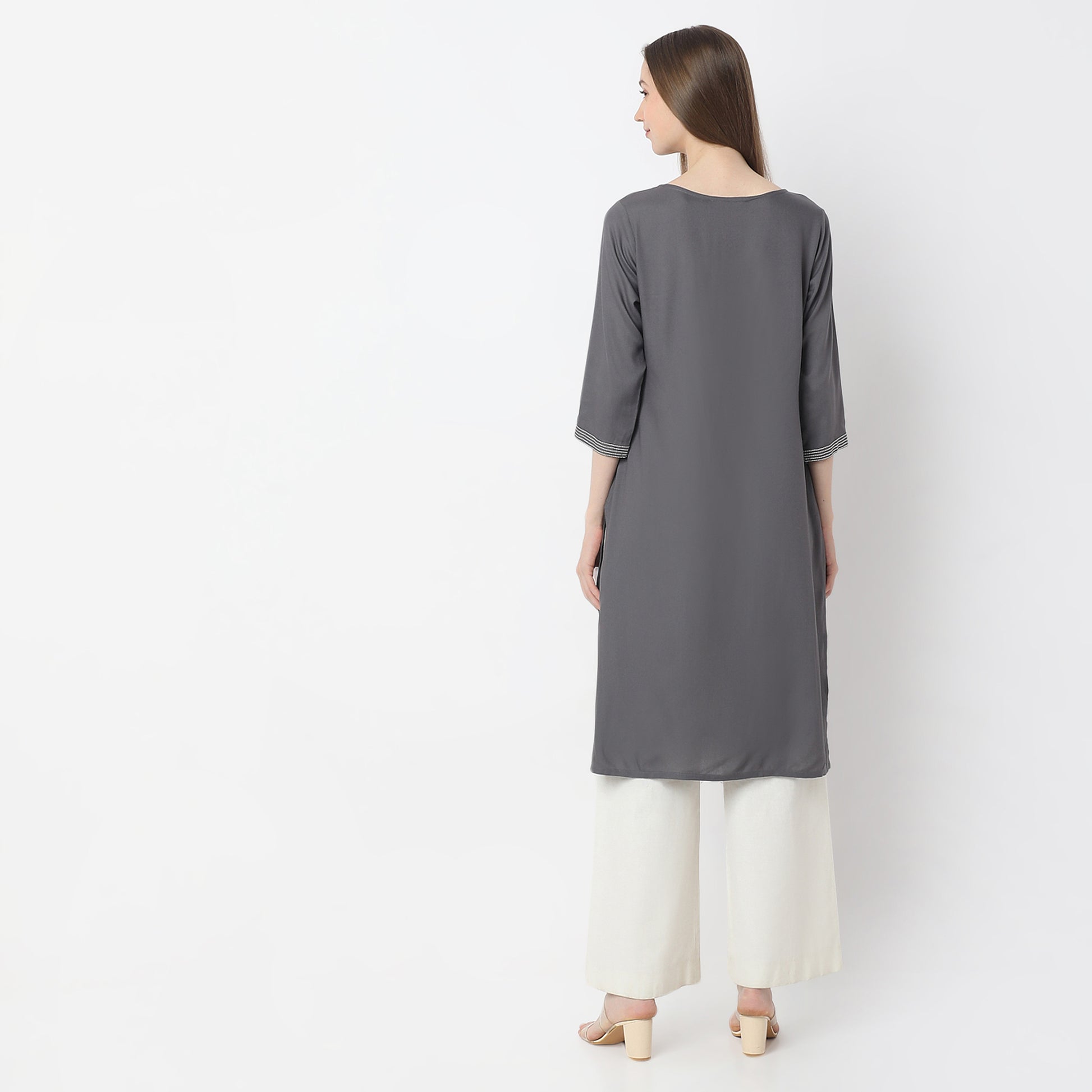 Straight Fit Embroidered Below Knee Boat Neck Table Kurta