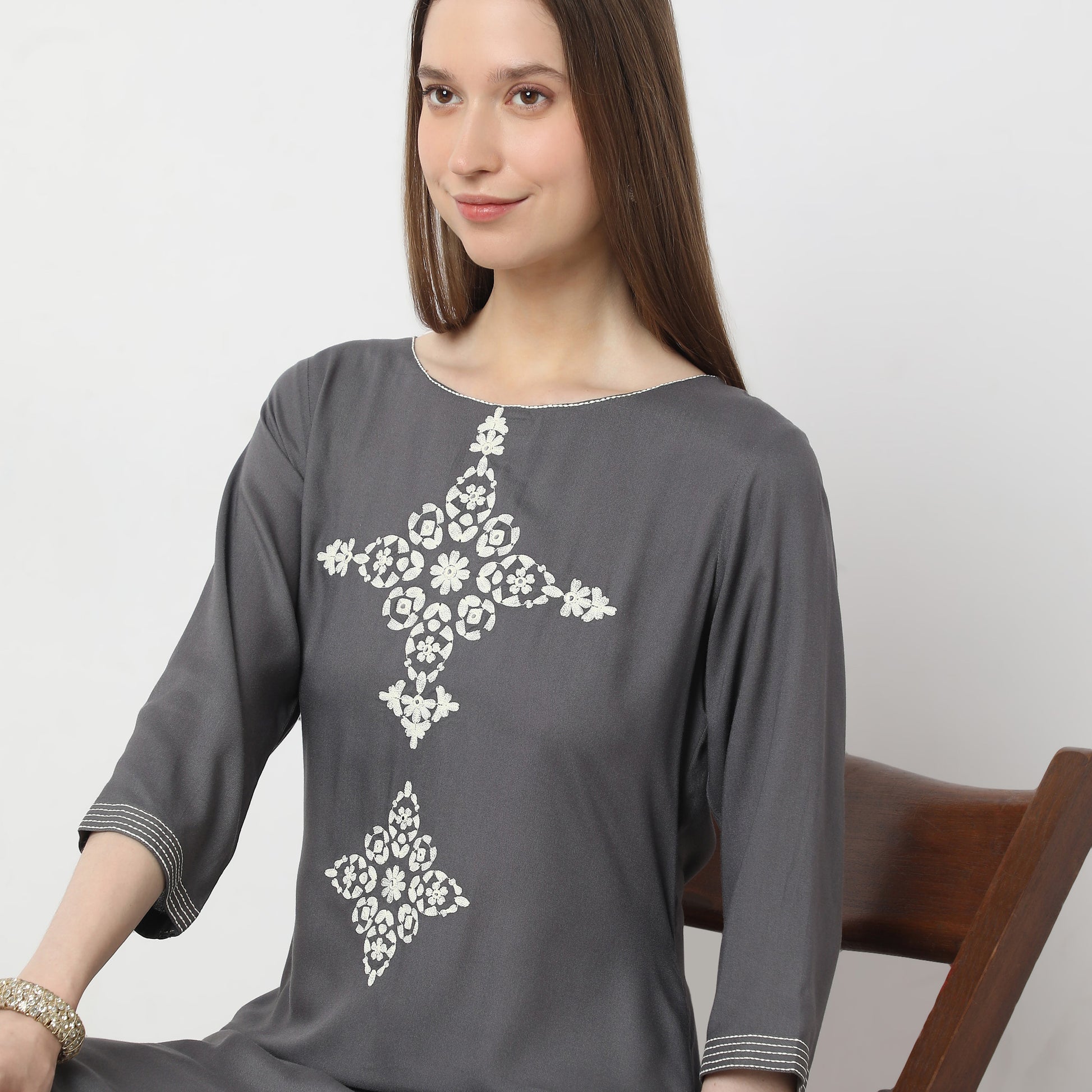 Straight Fit Embroidered Below Knee Boat Neck Table Kurta