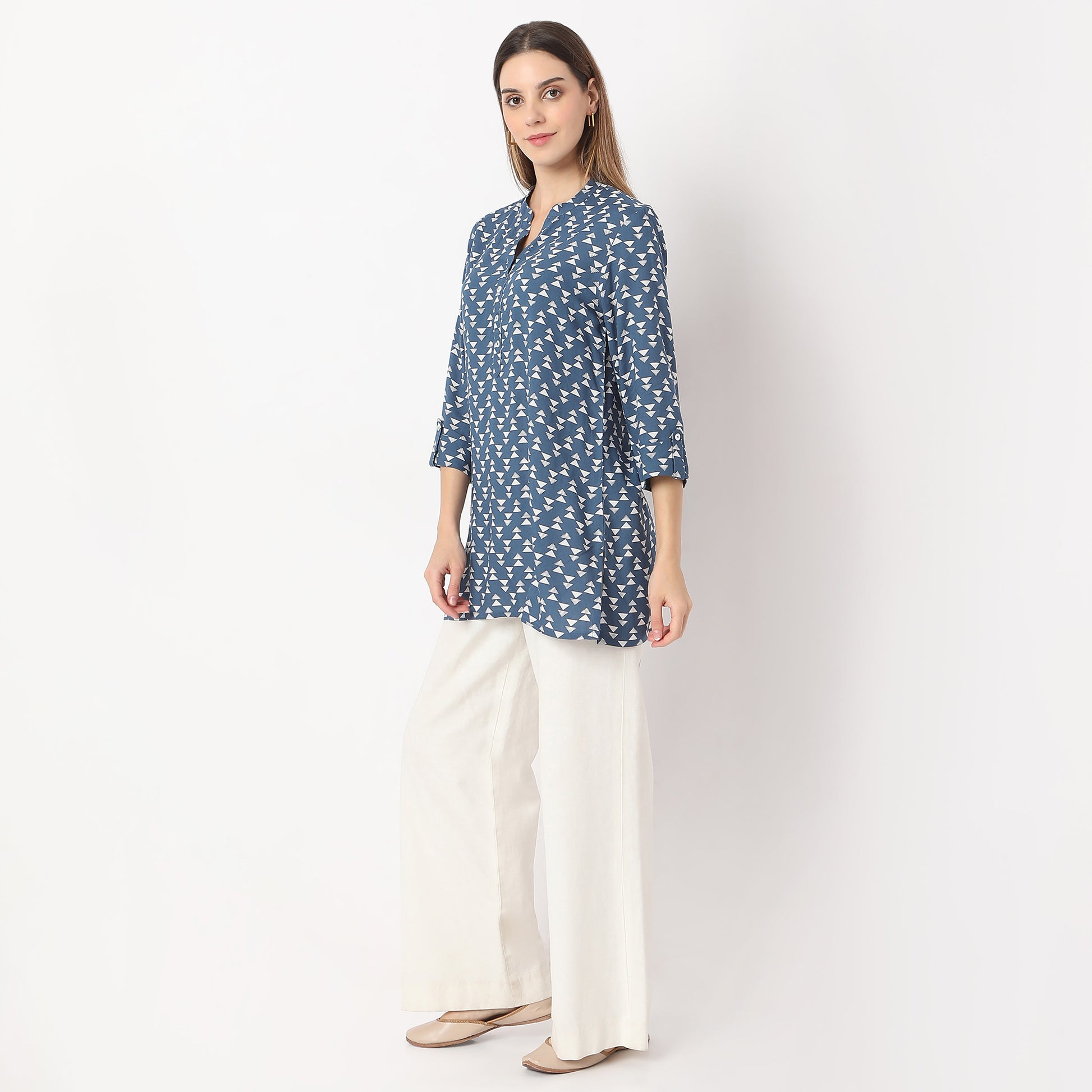 Straight Fit Printed Short Length Band Collar Short Kurta