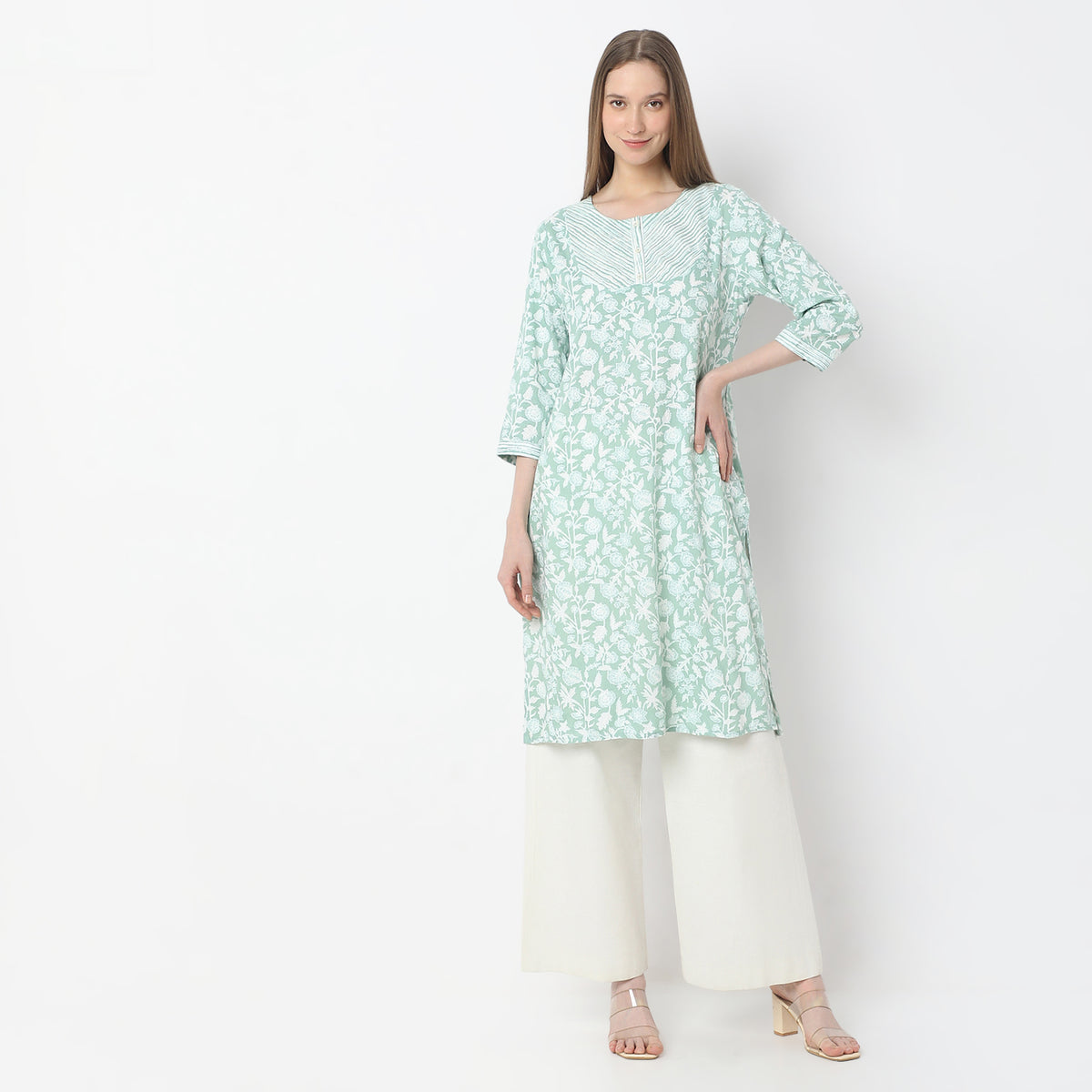 Printed Knee Length Yoke Straight Table Kurta