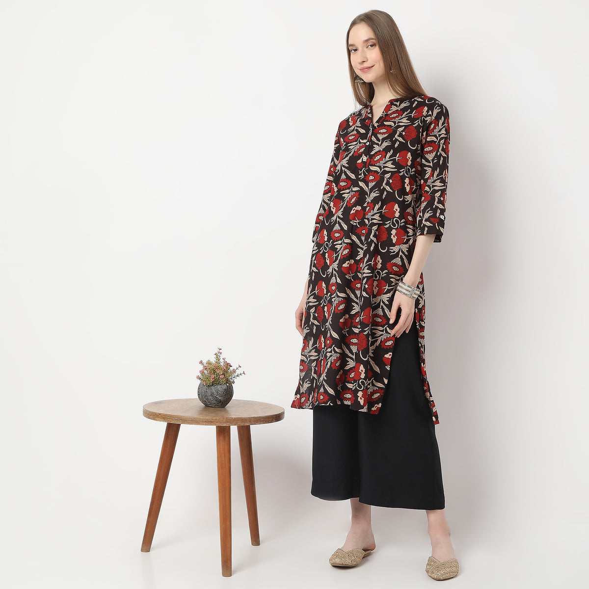 Printed Above Knee Band Collar Straight Table Kurta