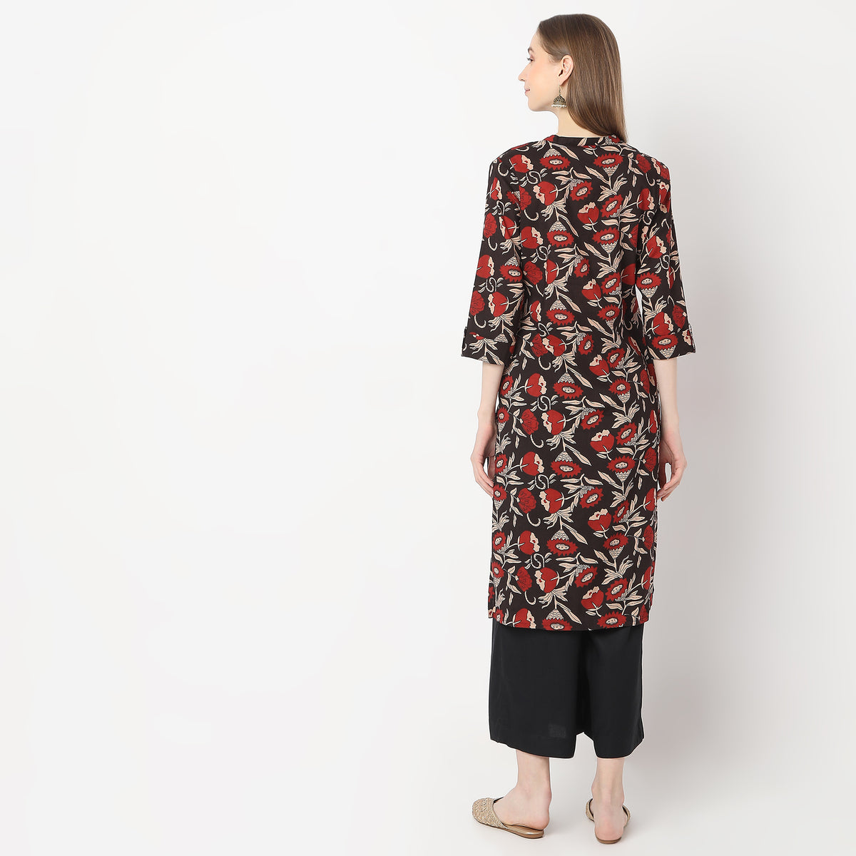 Printed Above Knee Band Collar Straight Table Kurta