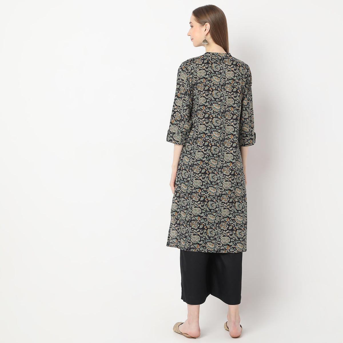 Printed Below Knee Band Collar Straight Table Kurta