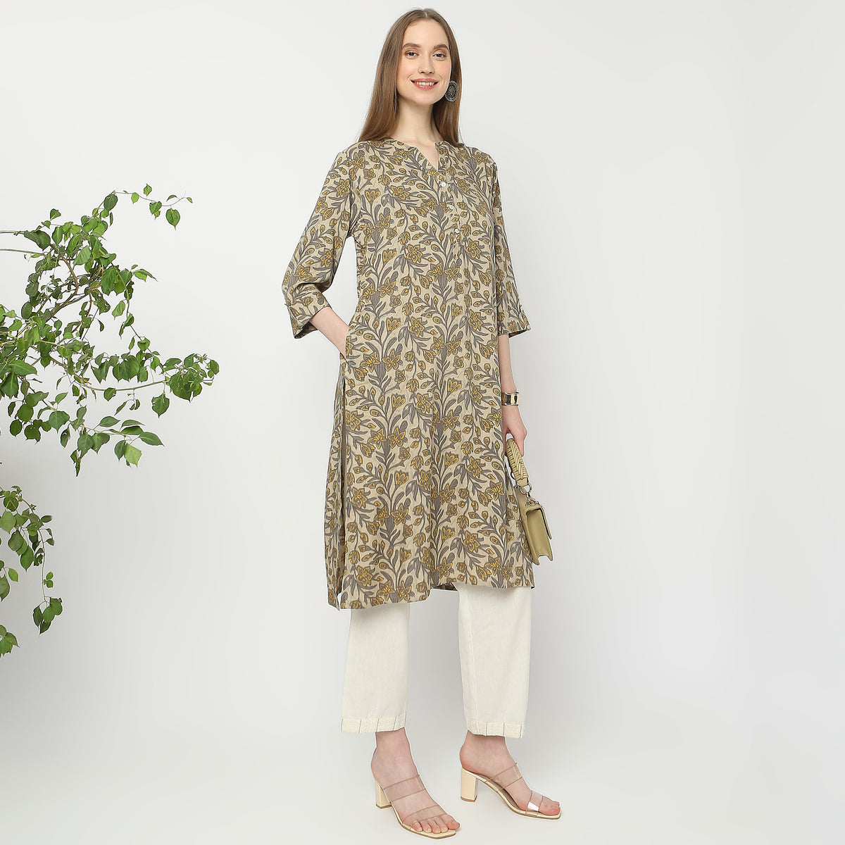 Printed Below Knee Band Collar Straight Table Kurta