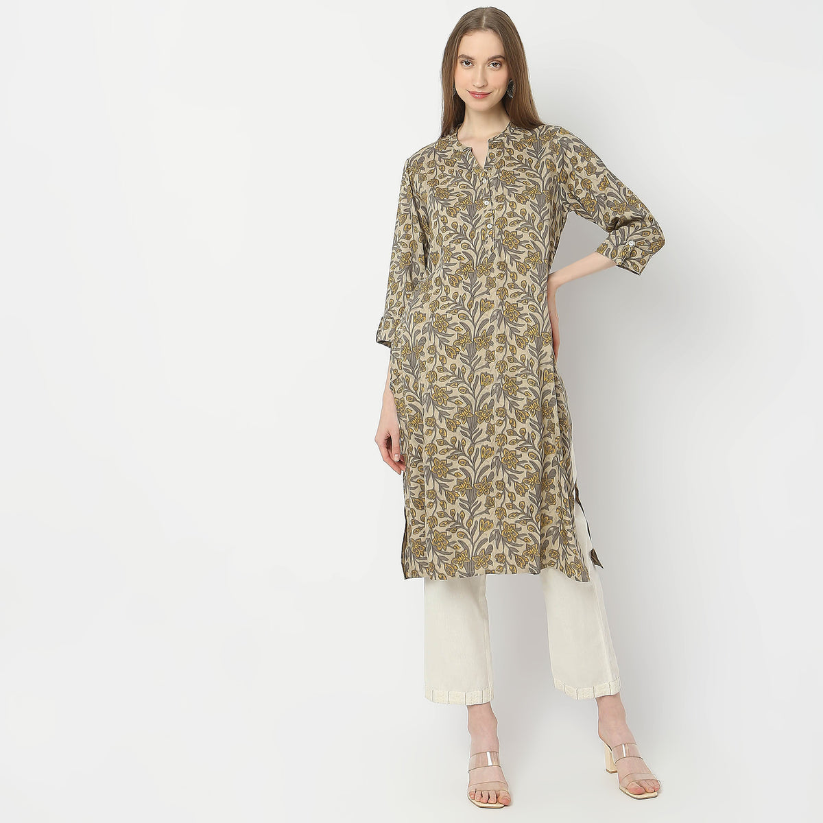 Printed Below Knee Band Collar Straight Table Kurta