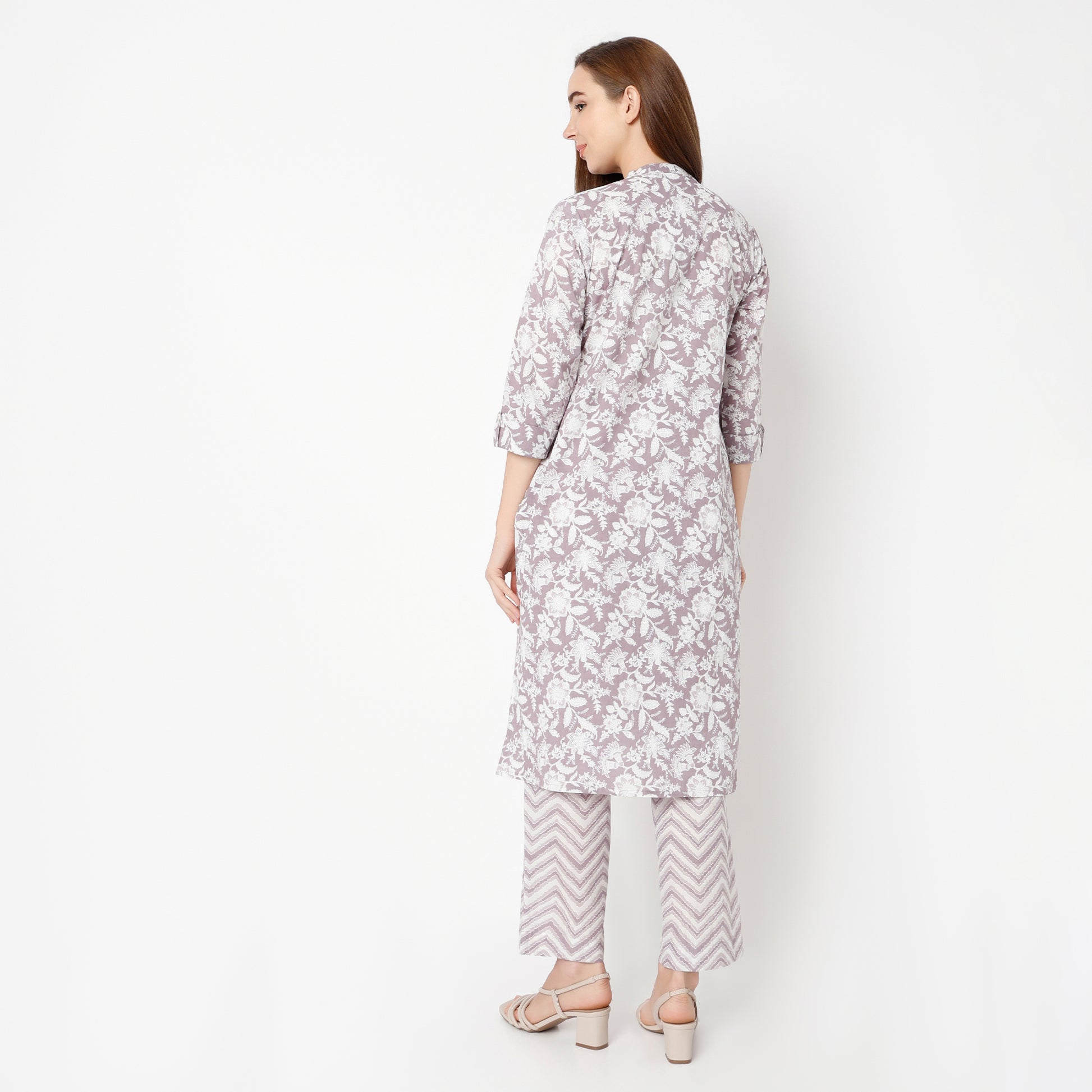 Straight Fit Floral Band Collar Kurta