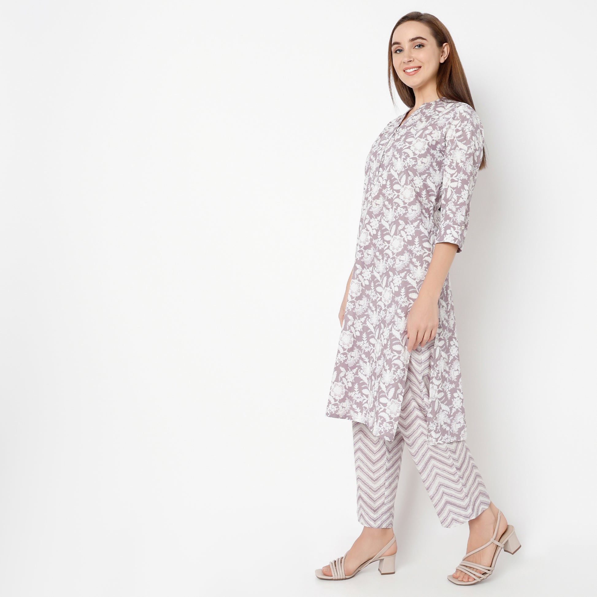 Straight Fit Floral Band Collar Kurta