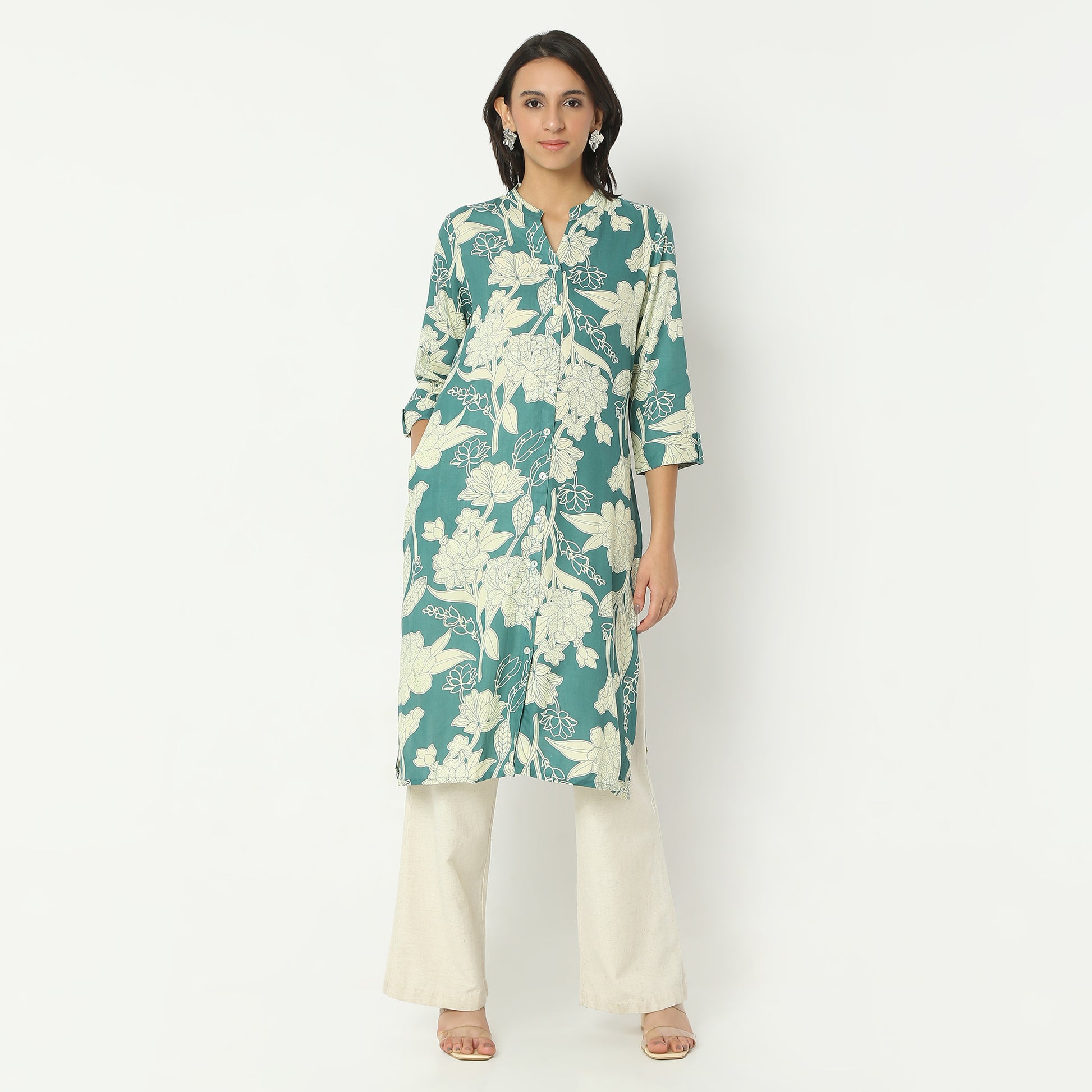 Straight Fit Printed Band Collar Calf Length Kurta