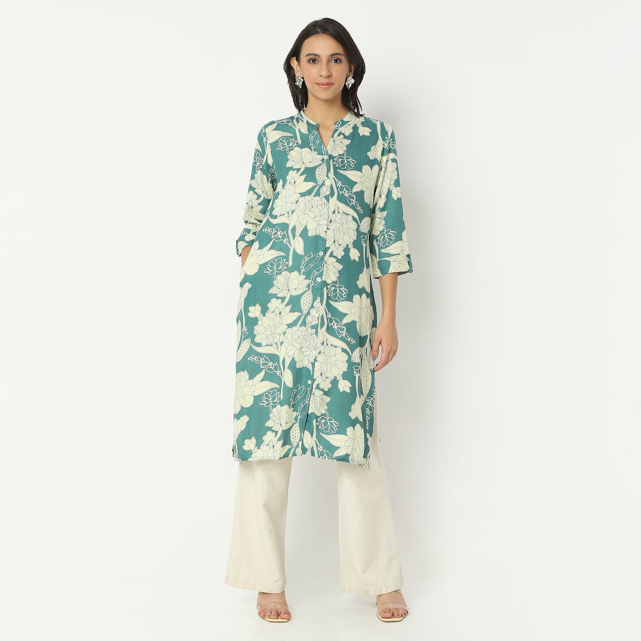 Straight Fit Printed Band Collar Calf Length Kurta