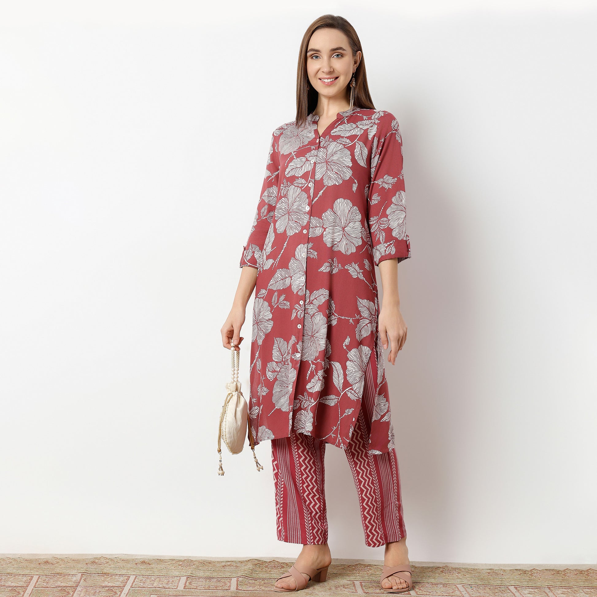 Straight Fit Printed Band Collar Kurta