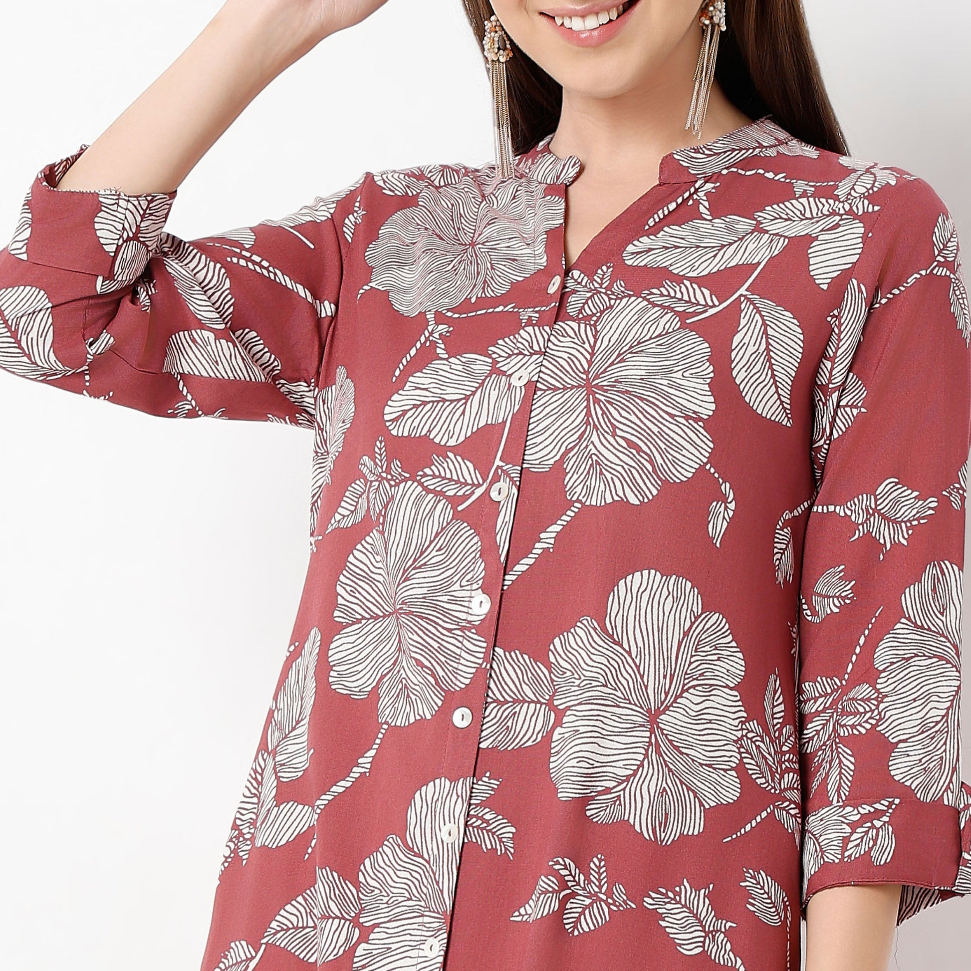 Straight Fit Printed Band Collar Kurta