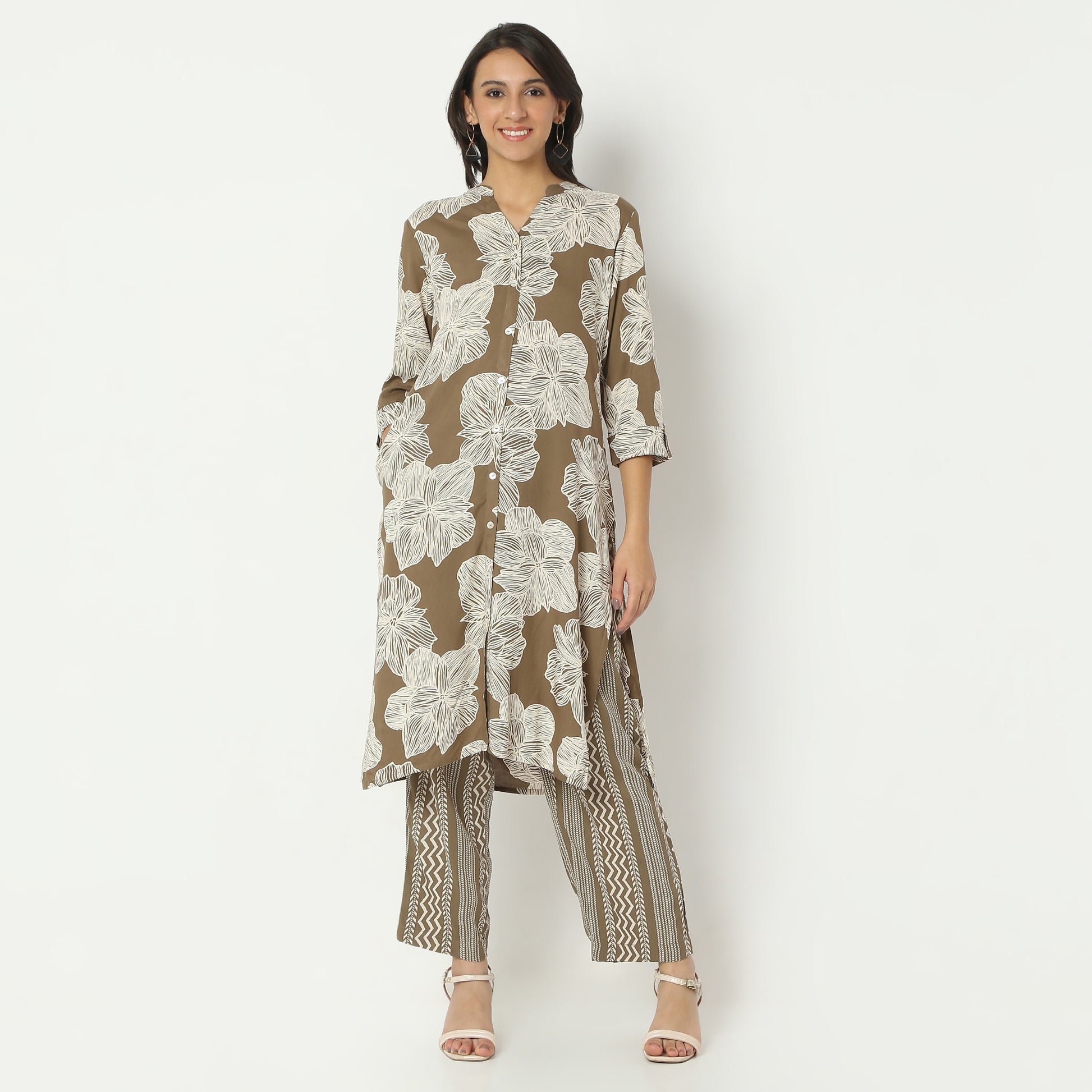 Straight Fit Printed Band Collar Calf Length Kurta