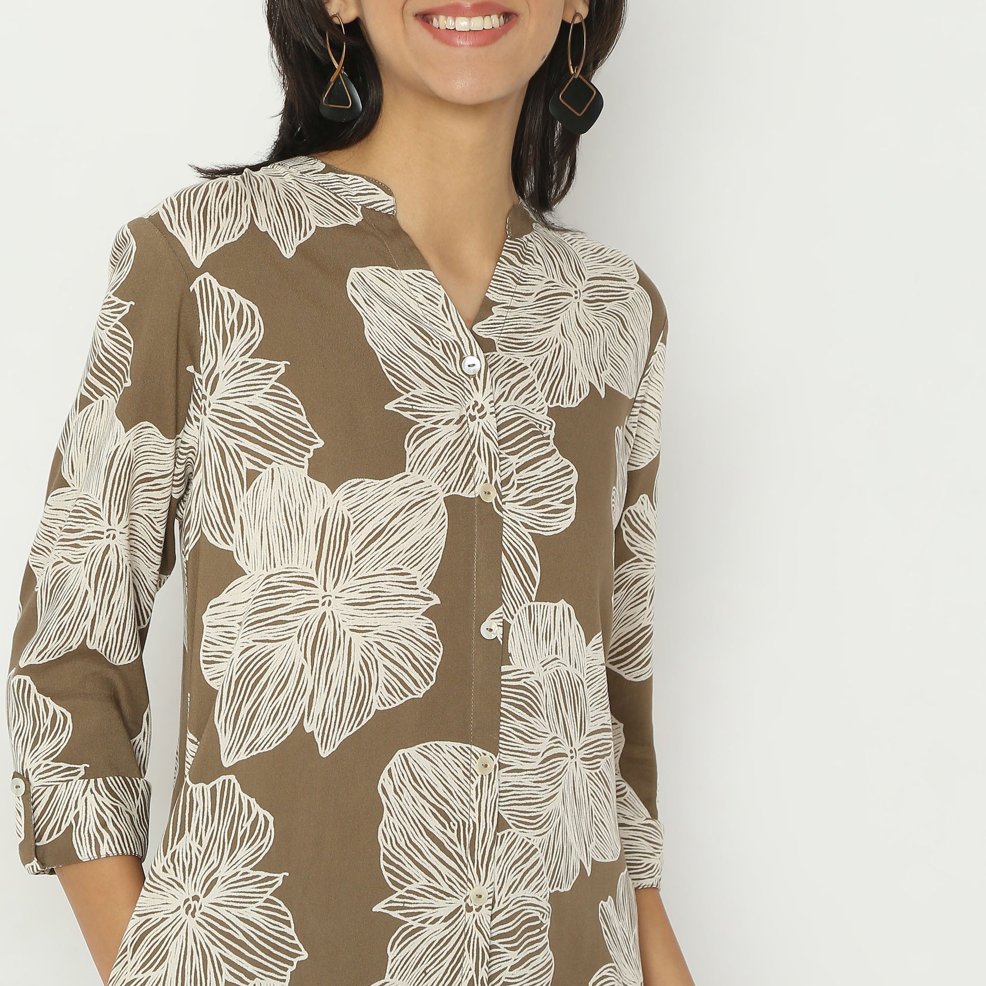 Straight Fit Printed Band Collar Calf Length Kurta