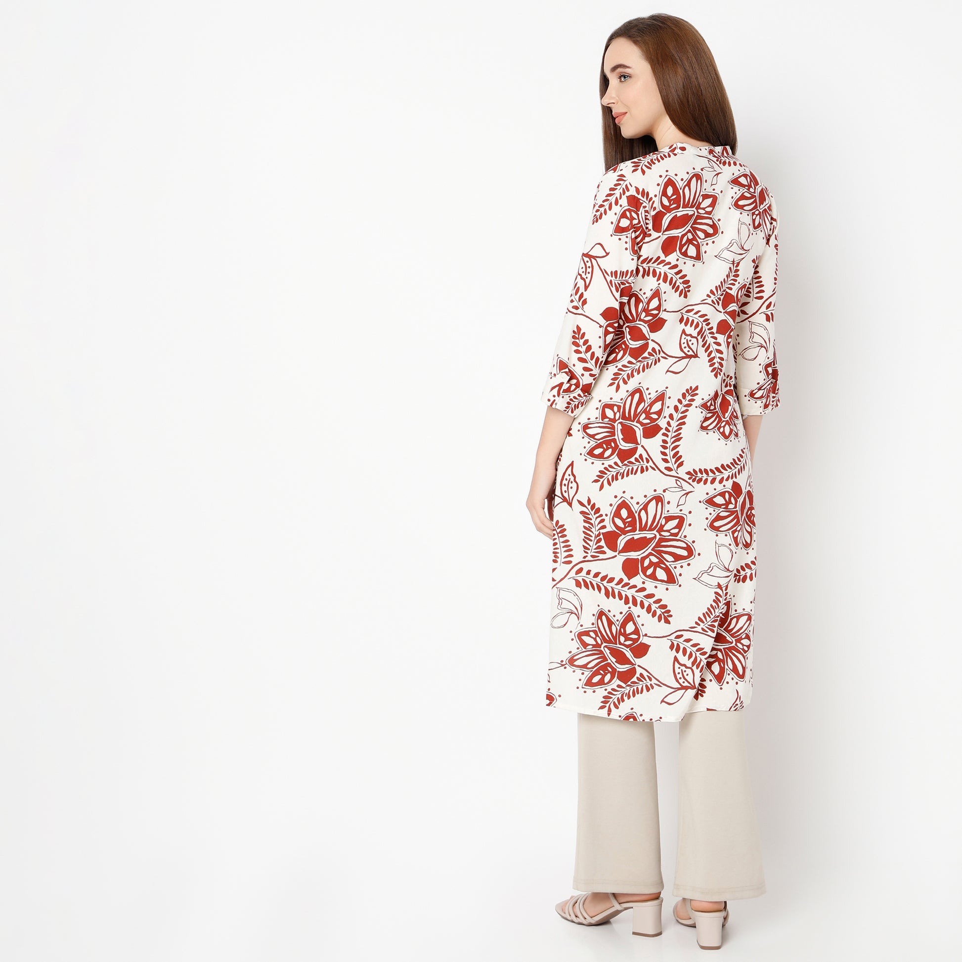 Straight Fit Printed Band Collar Kurta