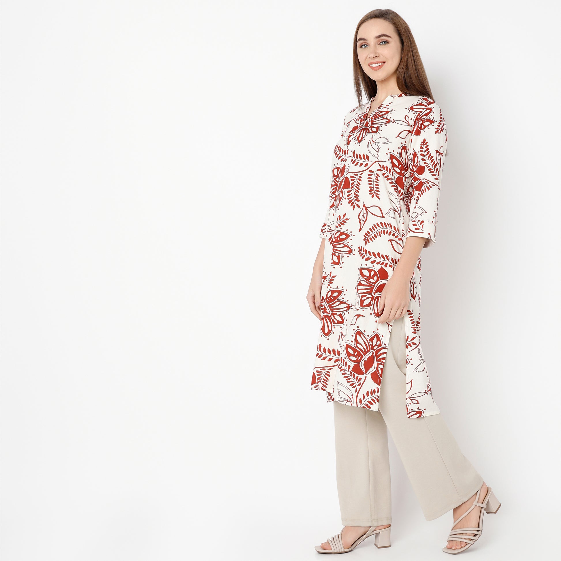 Straight Fit Printed Band Collar Kurta