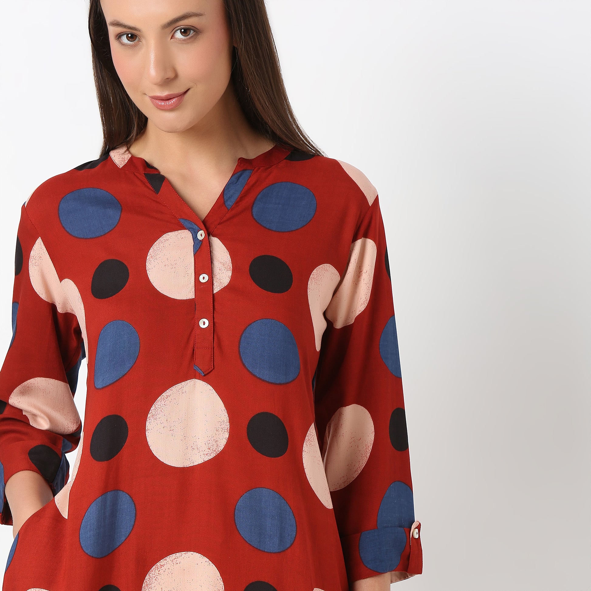 Band Neck Knee Length Three-Fourth Sleeve Printed Straight Fit Kurta