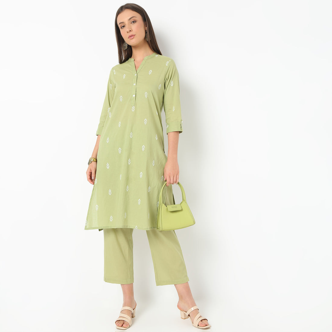 Band Neck Knee Length Three-Fourth Sleeve Printed Straight Fit Kurta