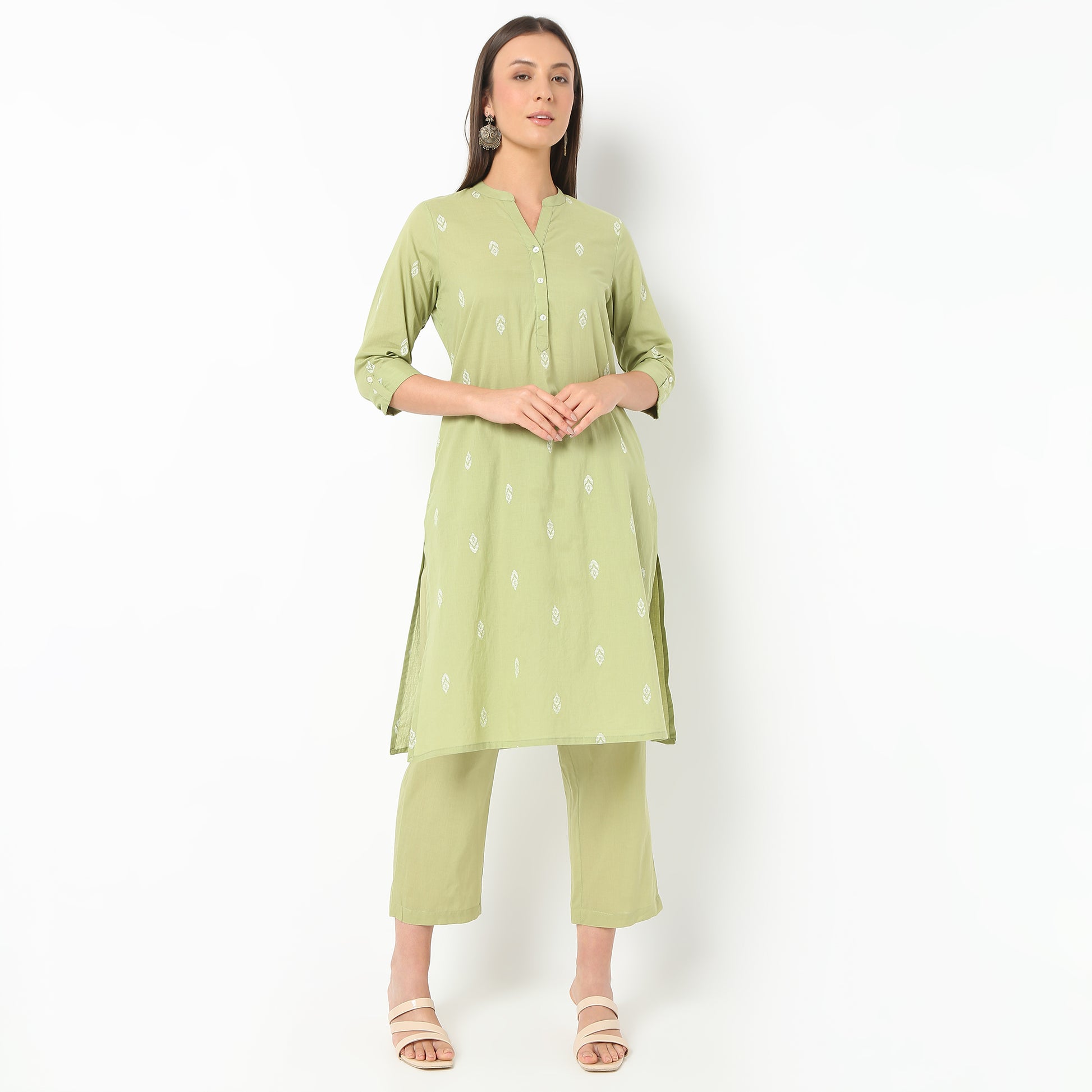 Band Neck Knee Length Three-Fourth Sleeve Printed Straight Fit Kurta
