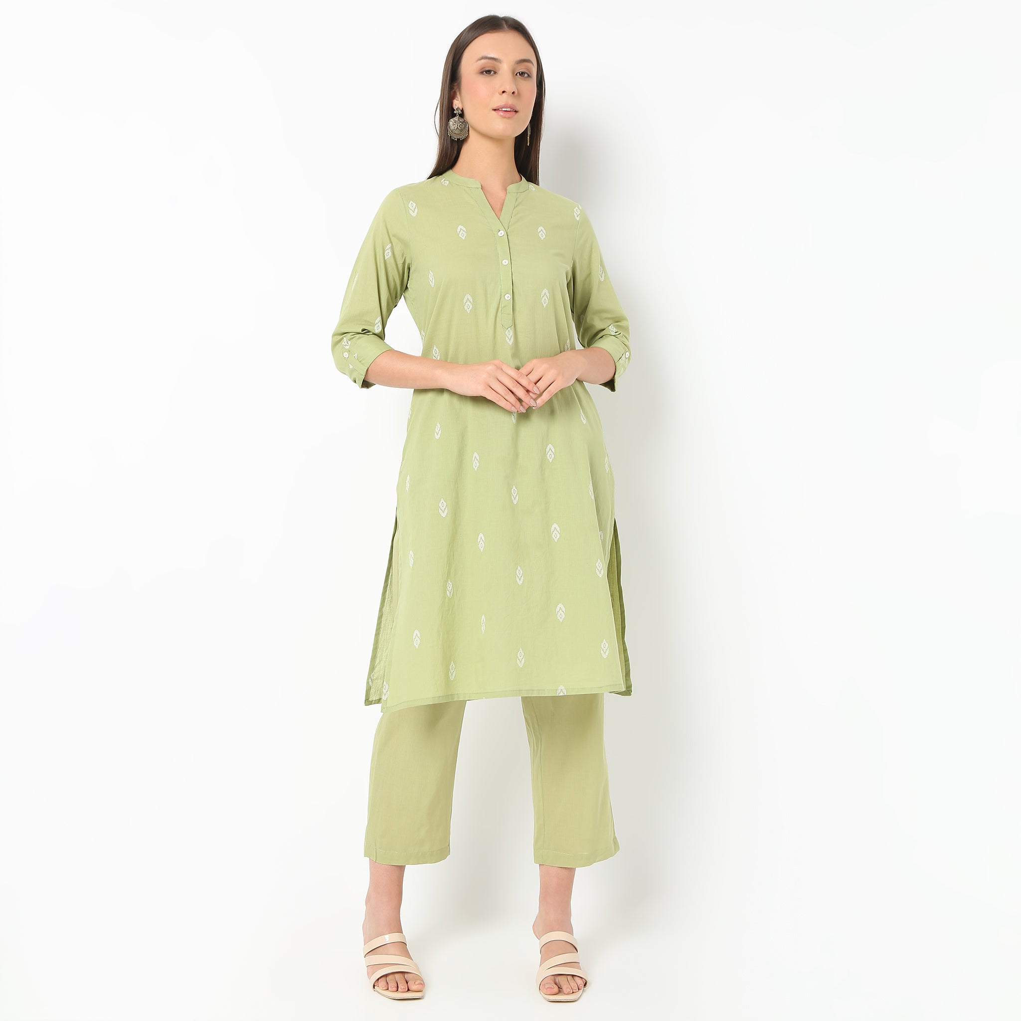 Band Neck Knee Length Three-Fourth Sleeve Printed Straight Fit Kurta