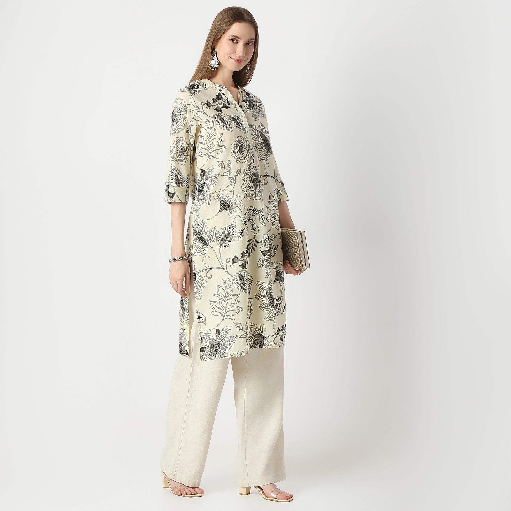 Straight Fit Floral Print Knee Length Kurta