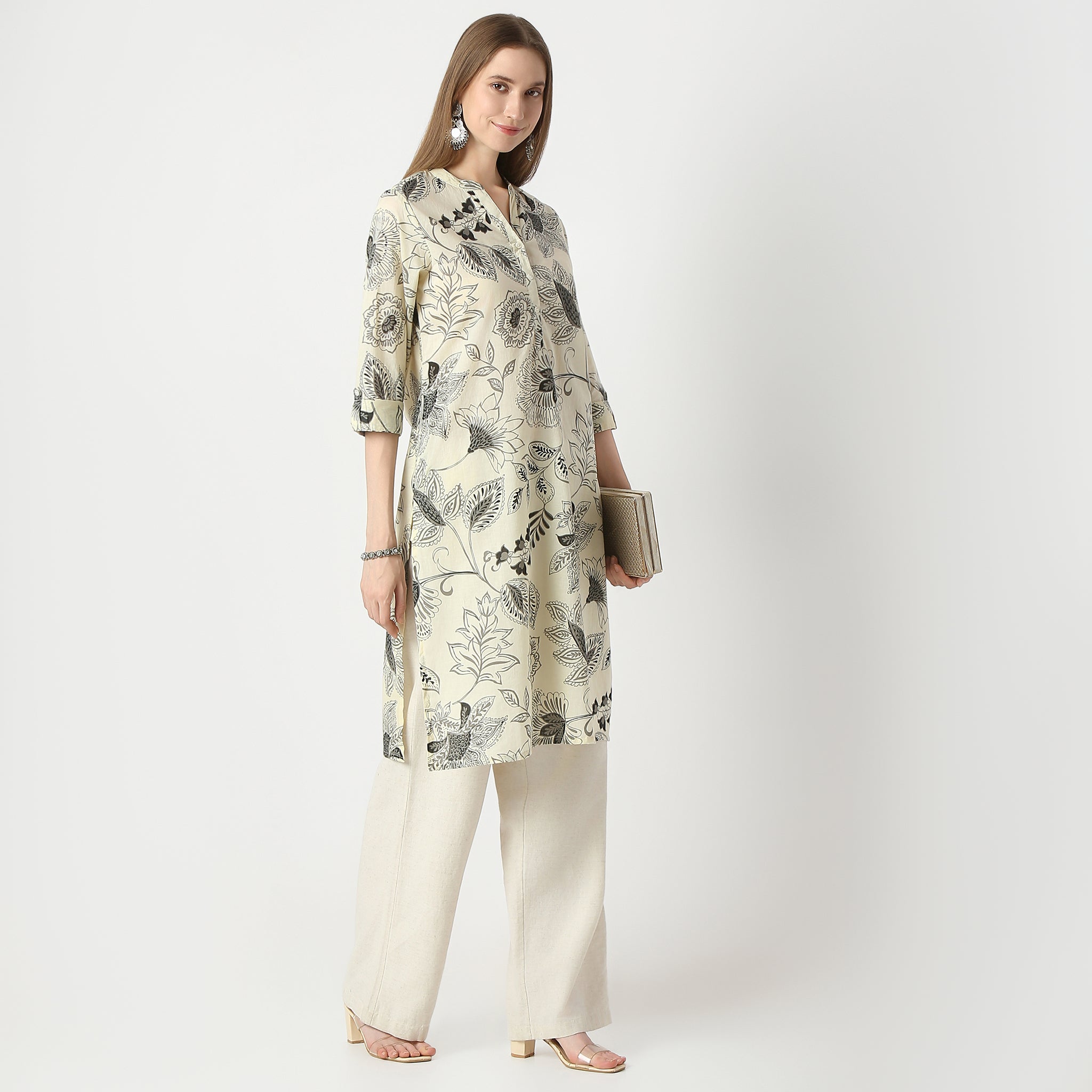Straight Fit Floral Print Knee Length Kurta