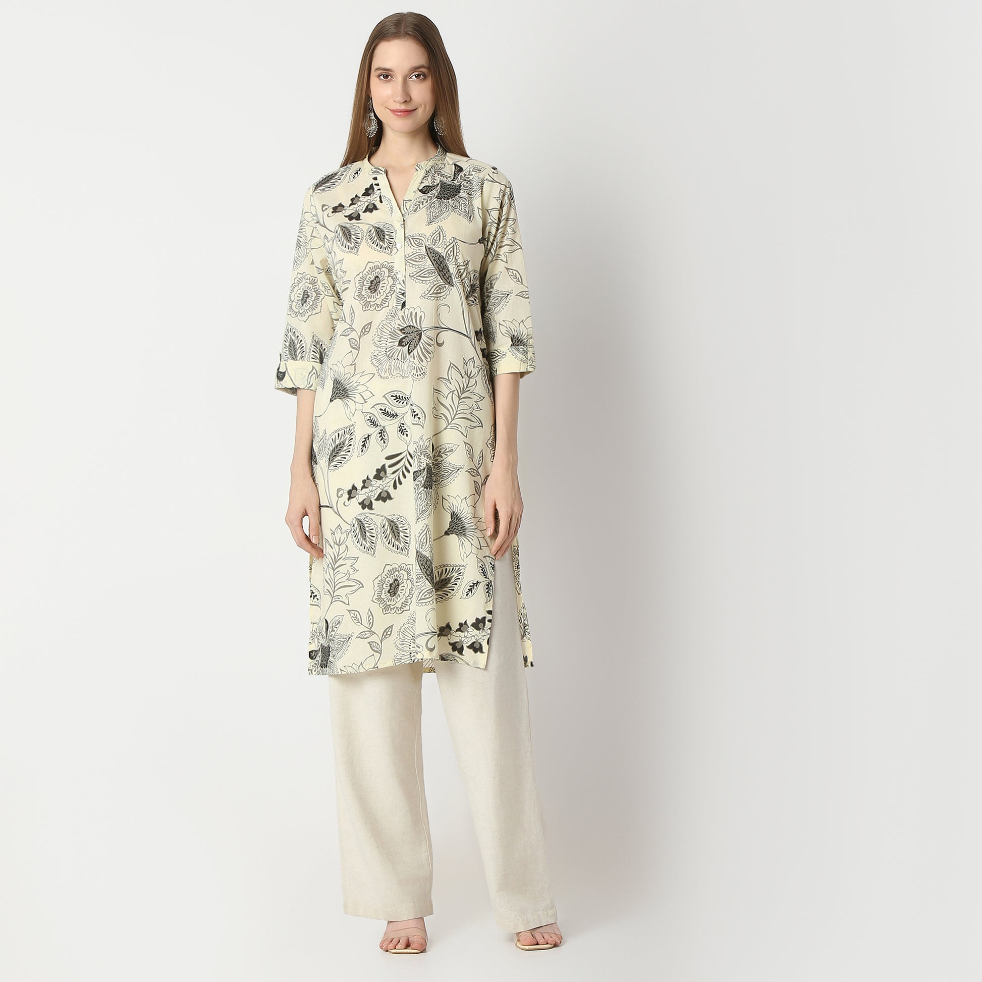 Straight Fit Floral Print Knee Length Kurta