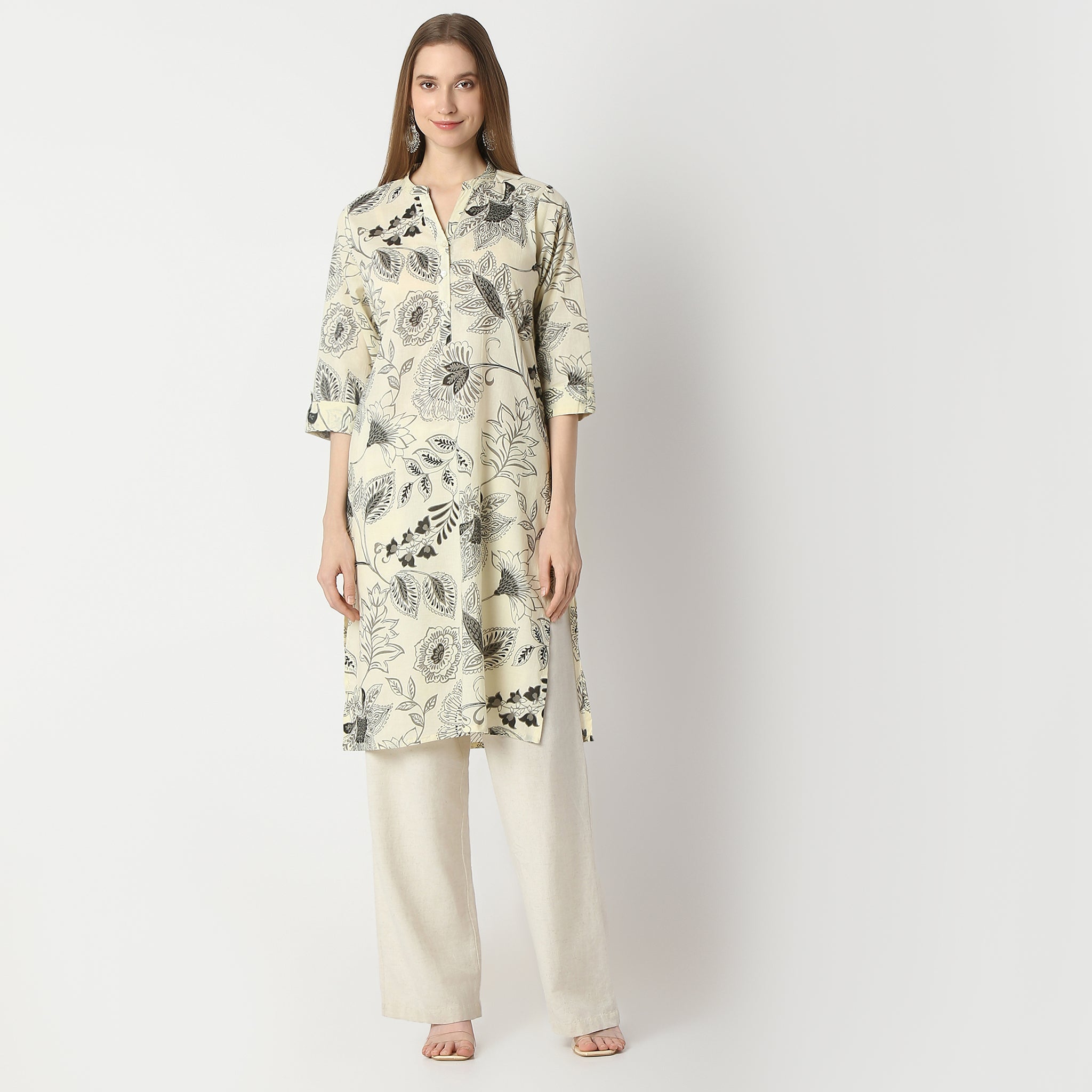 Straight Fit Floral Print Knee Length Kurta