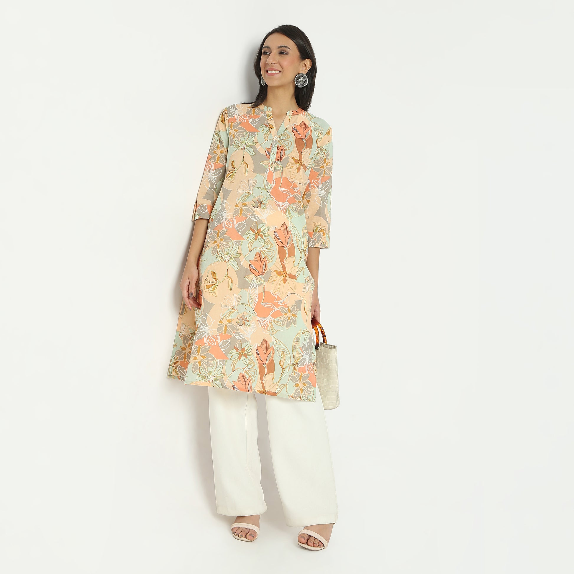 Straight Fit Printed Band Neck Calf Length Kurta