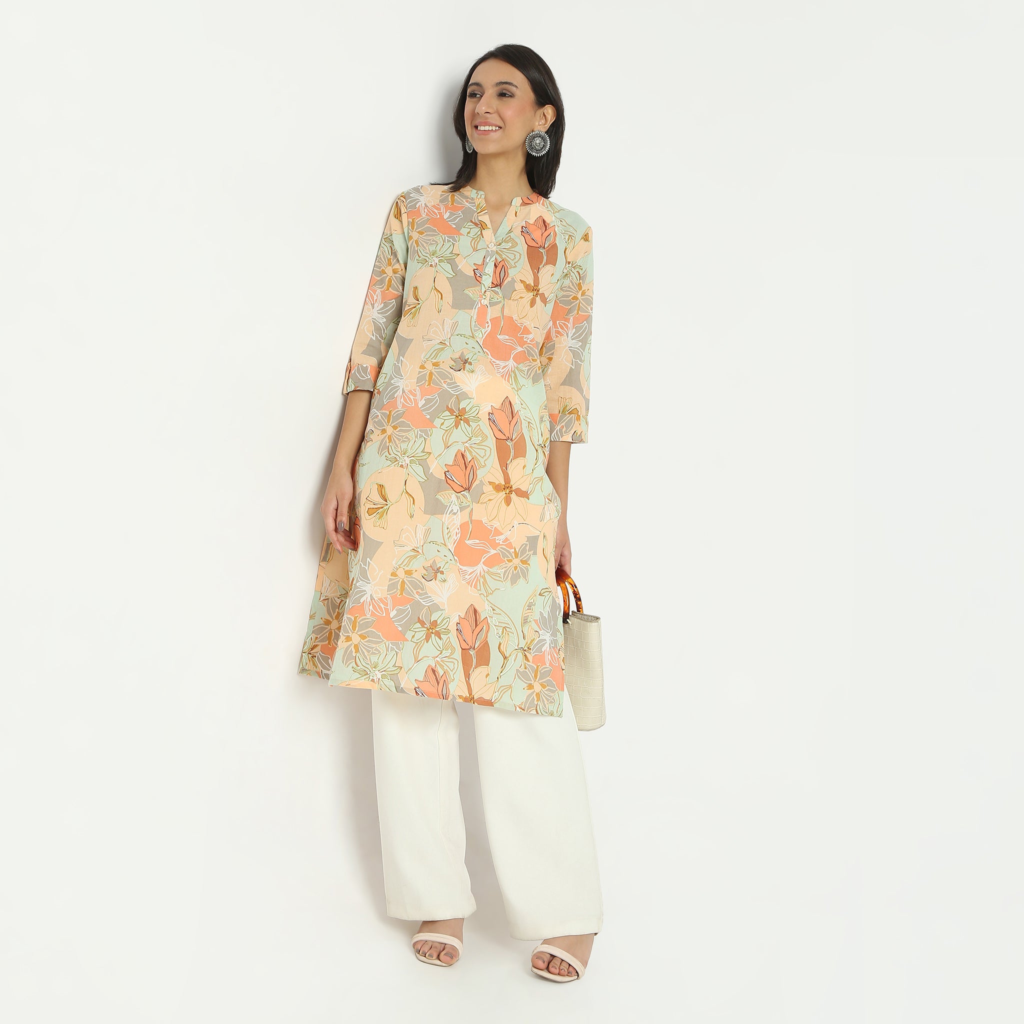 Straight Fit Printed Band Neck Calf Length Kurta