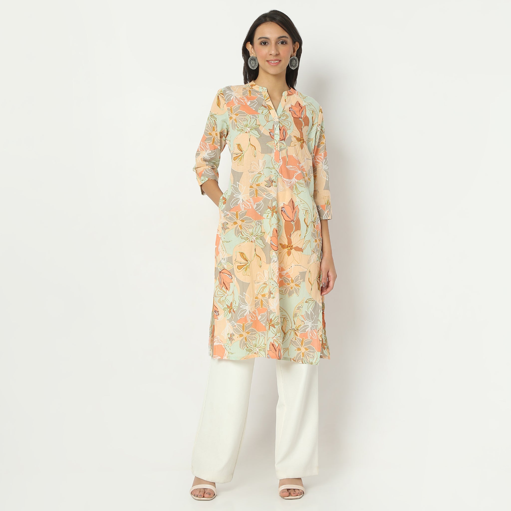 Straight Fit Printed Band Neck Calf Length Kurta