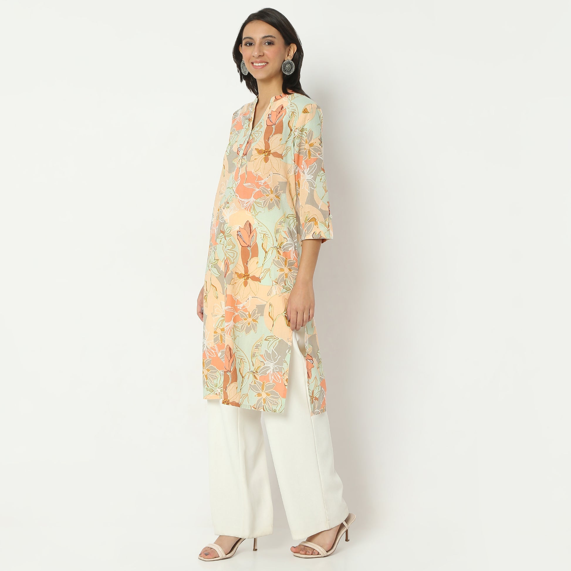 Straight Fit Printed Band Neck Calf Length Kurta