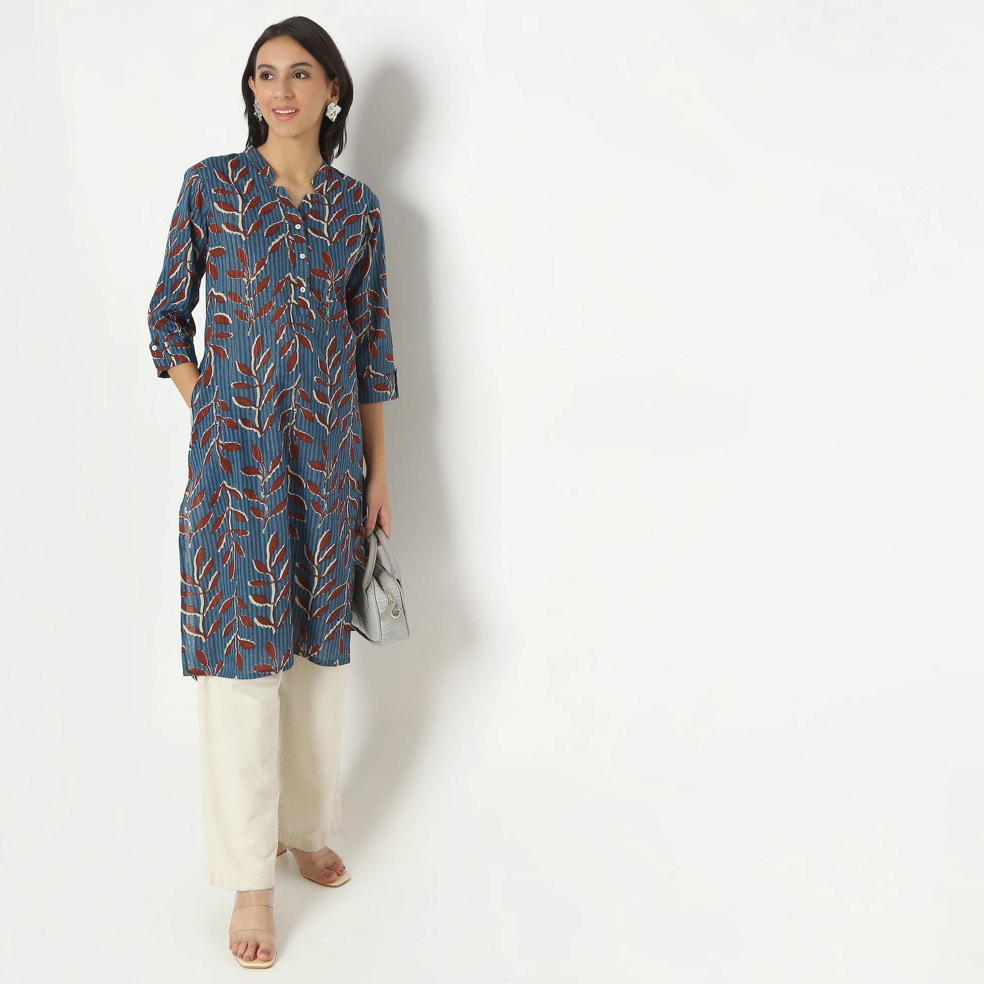 Straight Fit Printed Band Neck Calf Length Kurta