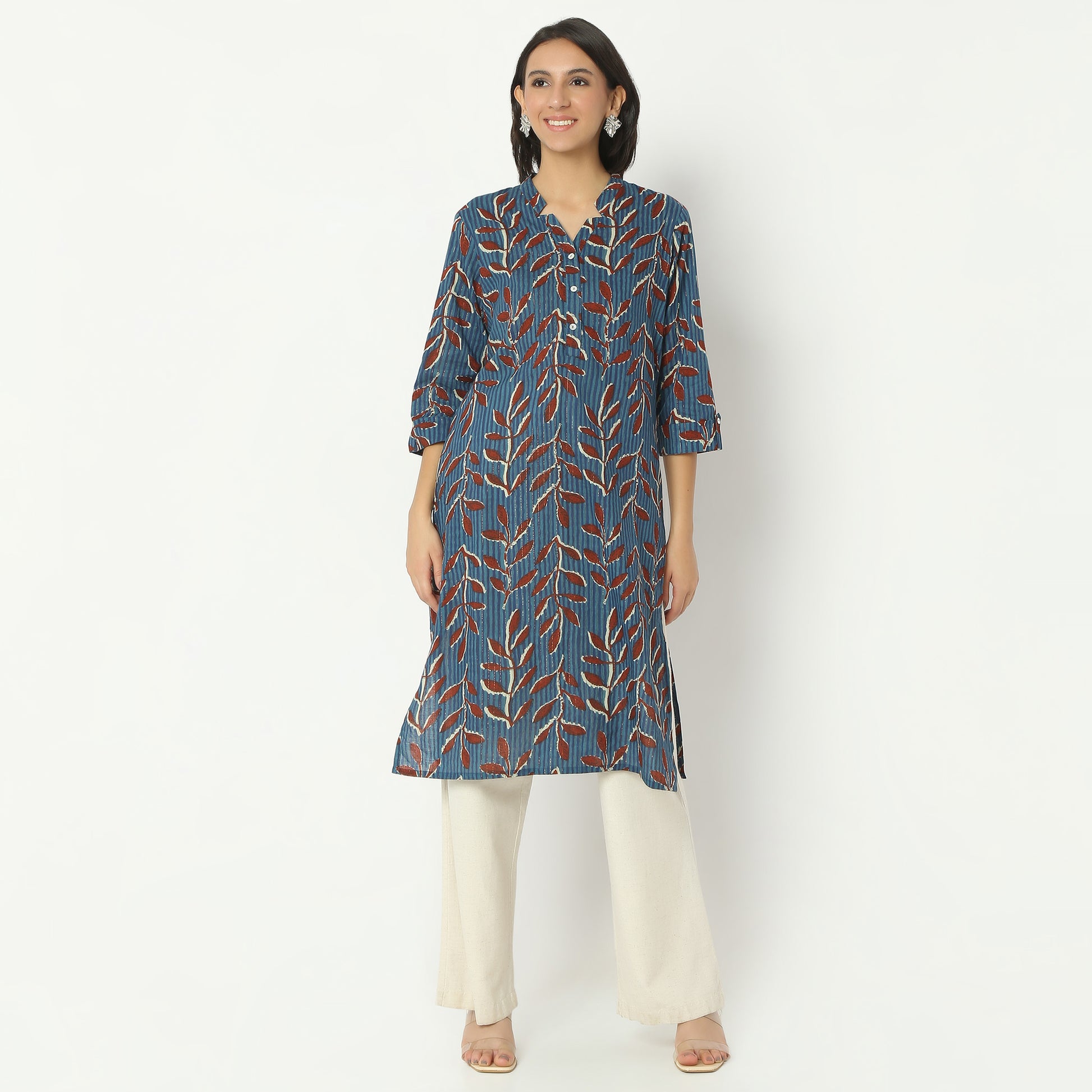 Straight Fit Printed Band Neck Calf Length Kurta