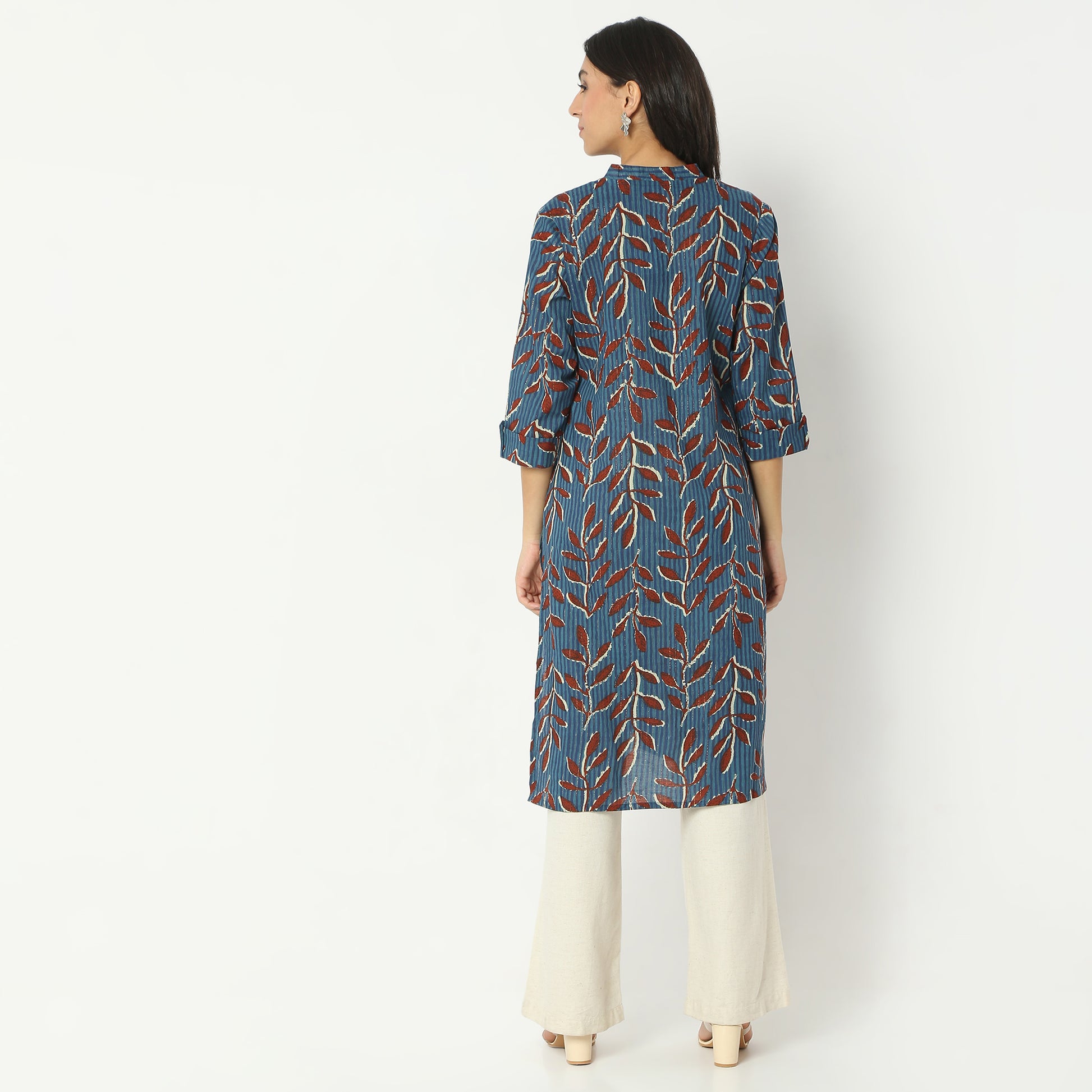 Straight Fit Printed Band Neck Calf Length Kurta