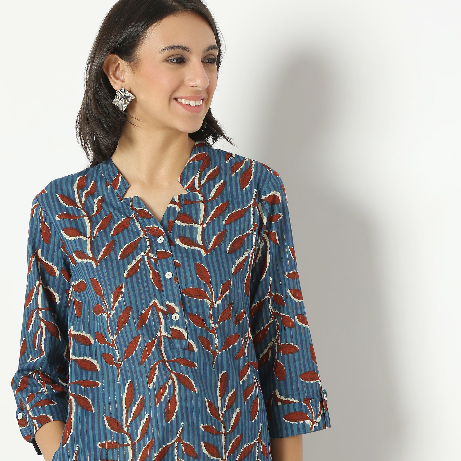 Straight Fit Printed Band Neck Calf Length Kurta