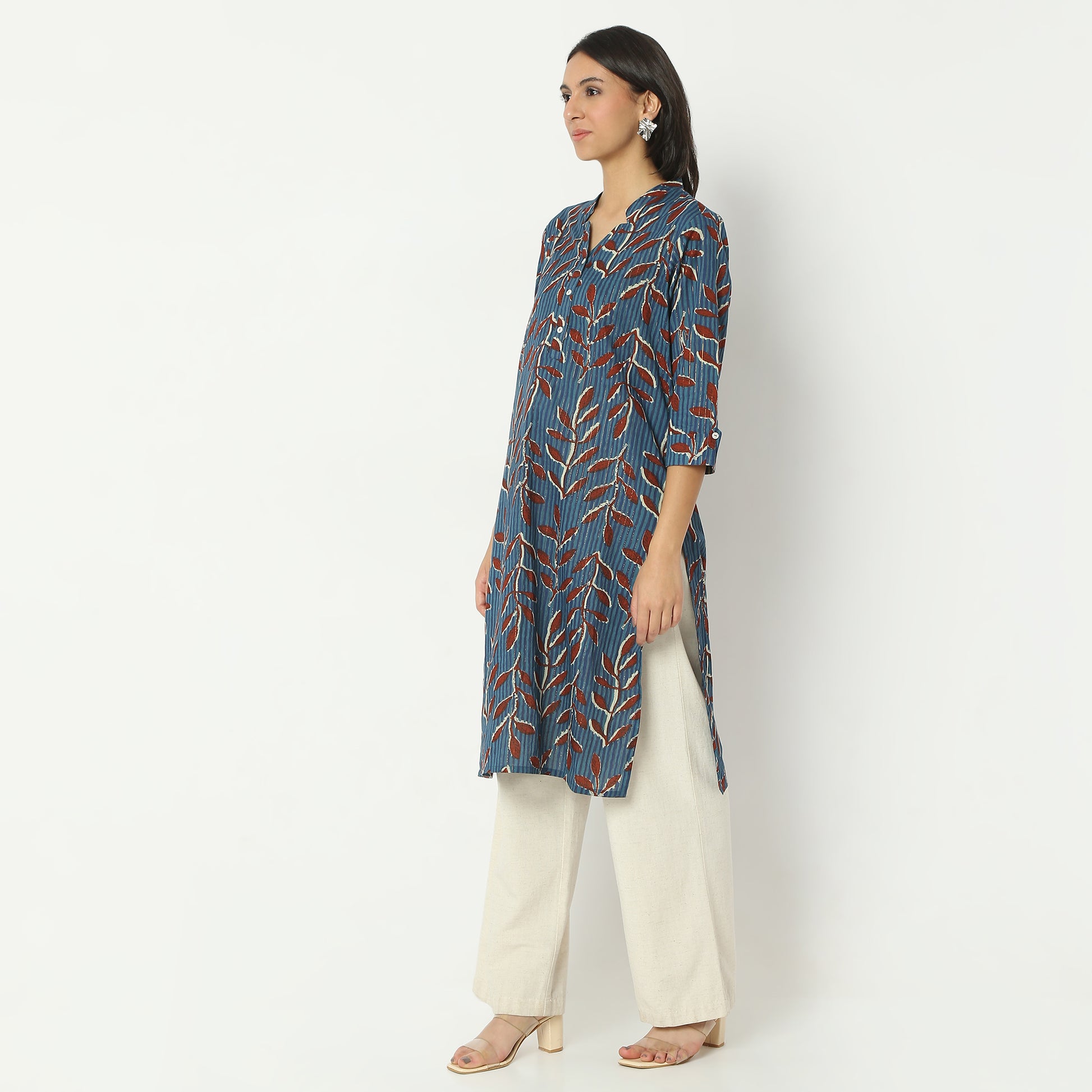 Straight Fit Printed Band Neck Calf Length Kurta