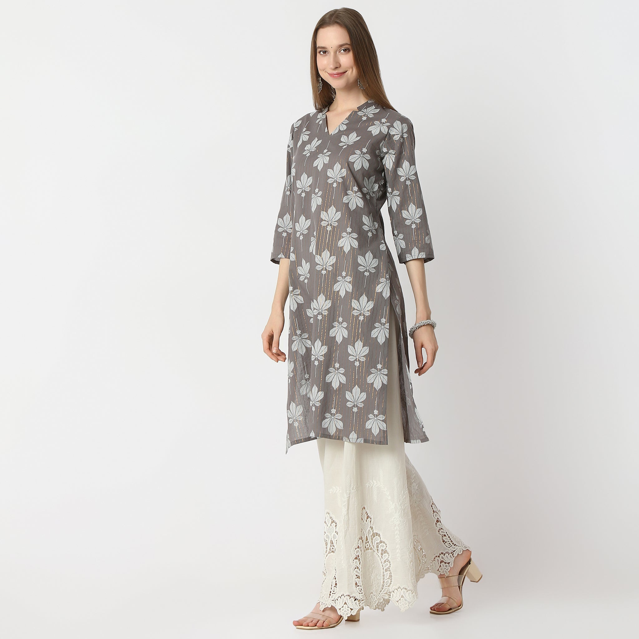 Straight Fit Floral Print Knee Length Kurta