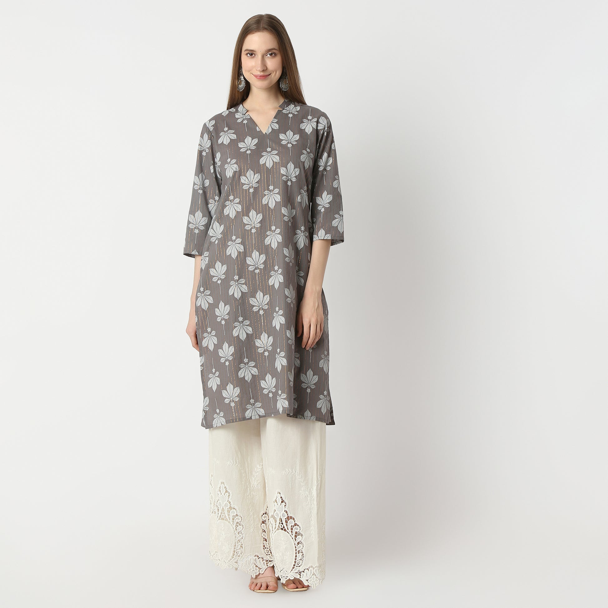 Straight Fit Floral Print Knee Length Kurta