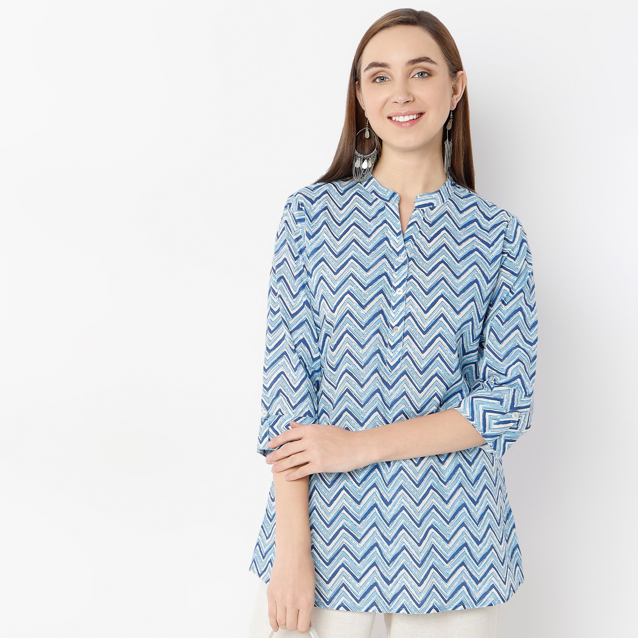 Straight Fit Printed Band Neck Kurta